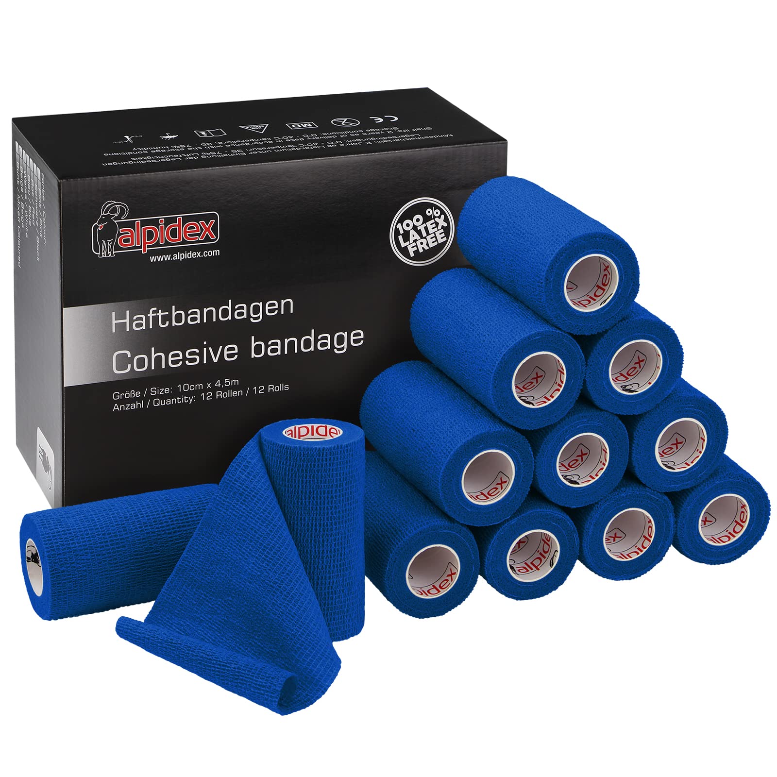 ALPIDEX 12 Rotoli Benda Adesiva 10 cm x 4,5 m Molti Colori Bendaggio Coesivo Fasciatura Personi Animali Garza Elastica Autoadesivo Cavalli Cani Umani, Colore:blu