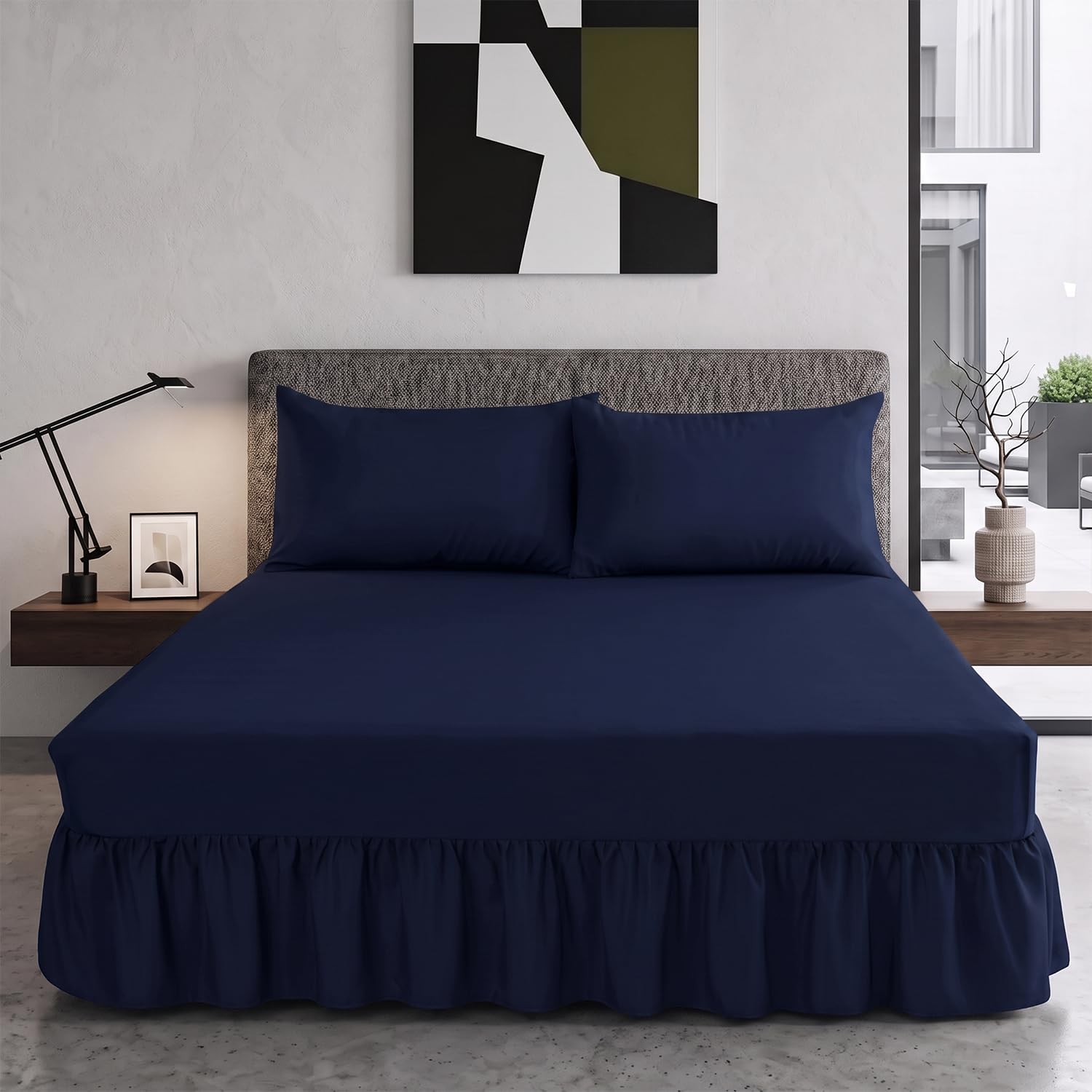 Trendy Relam Extra Deep Frilled Valance Sheet 40cm - Soft Brushed Polycotton, Non Iron Easy Wrap Elastic Sheet (Small Double, Navy)