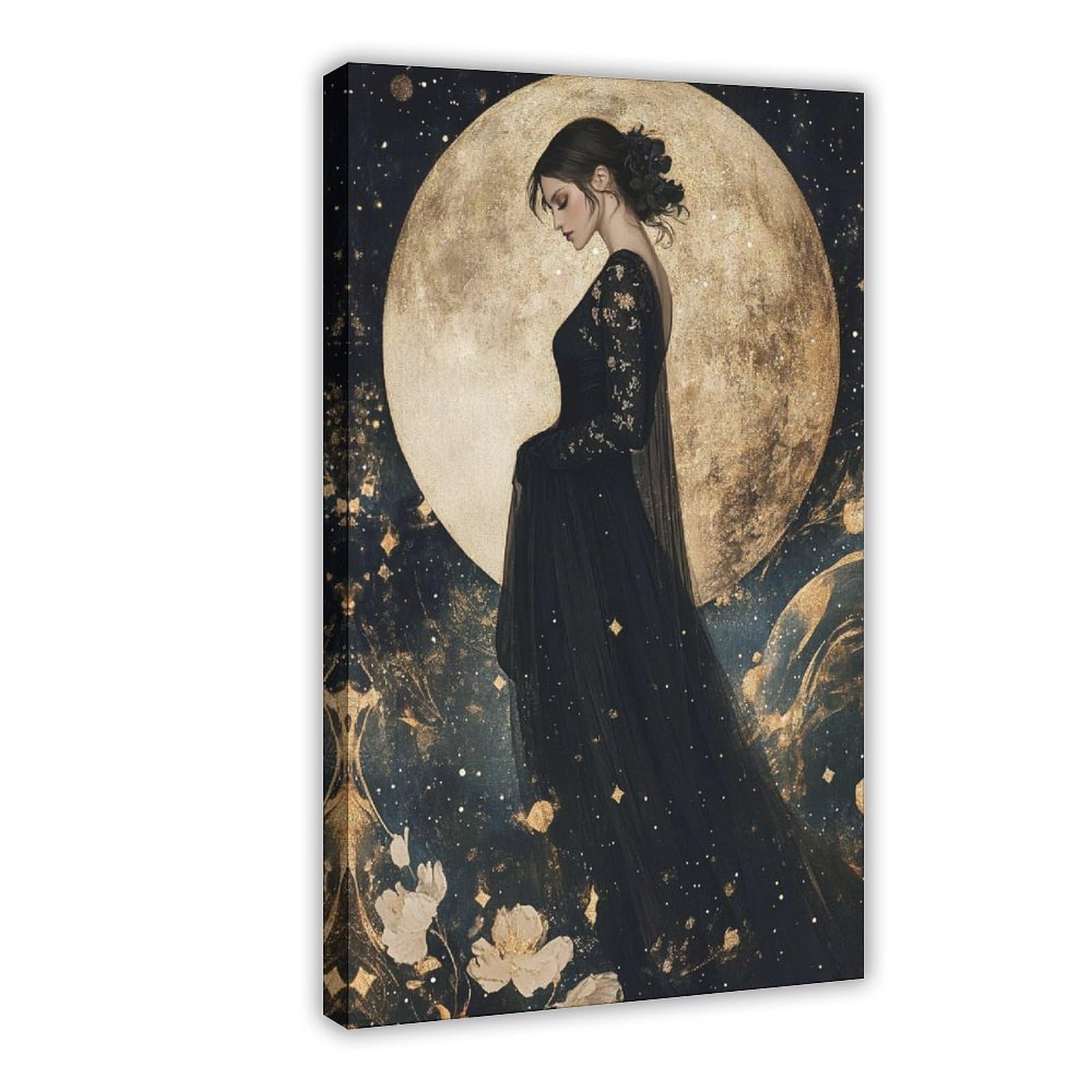 Moon Goddess Print Giclee Art Nouveau Poster Celestial Moonlight with Sparkling Gold Stars Gothic Wall Art Sacred Feminine Witchy Gift