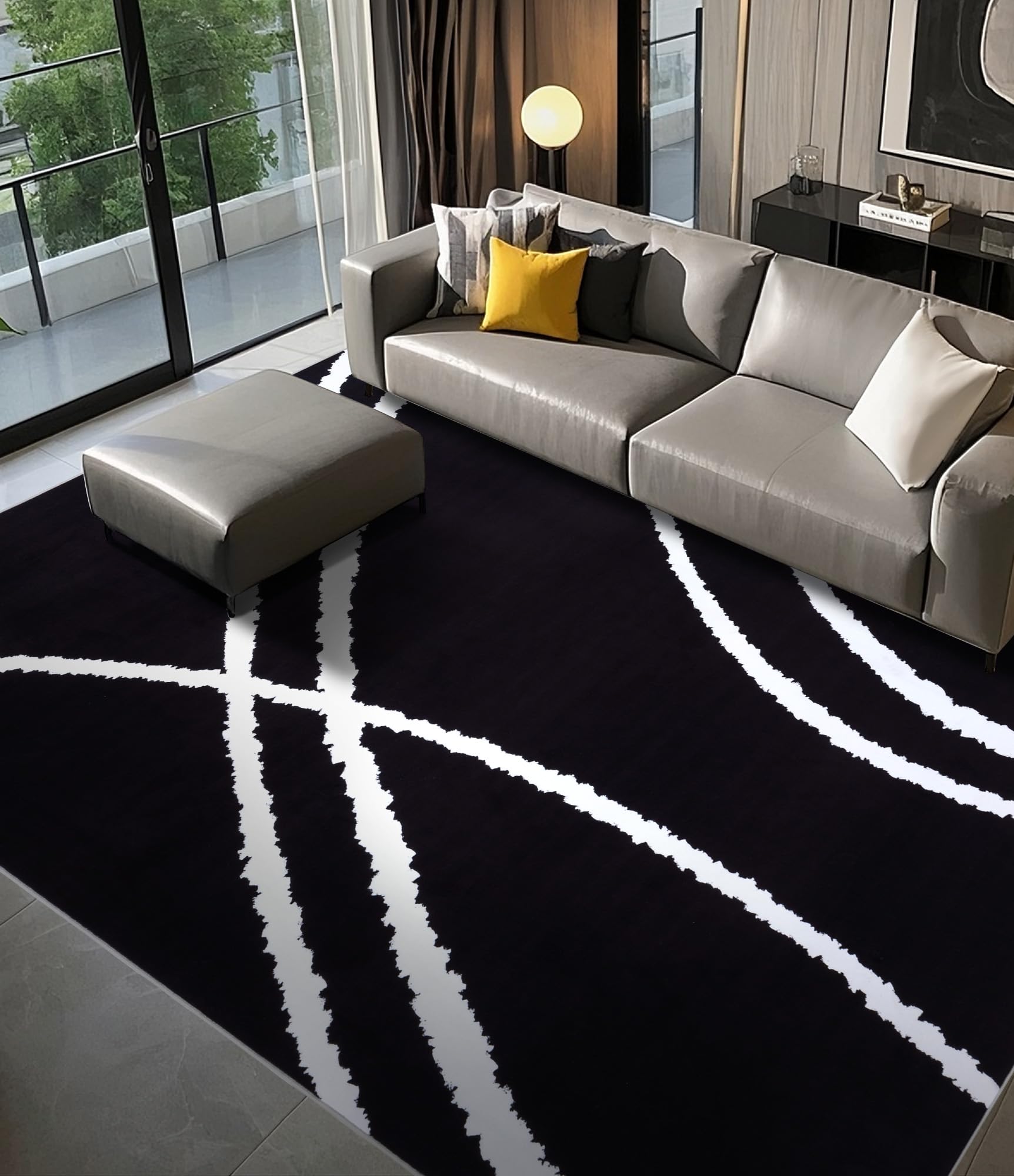 YIHOUSE Black Modern Area Rug 6x9,Abstract Rugs for Bedroom,Minimalist Striped Rug,Black and White Geometric Rug,Dark Washable Area Rugs 6x9 Non Slip