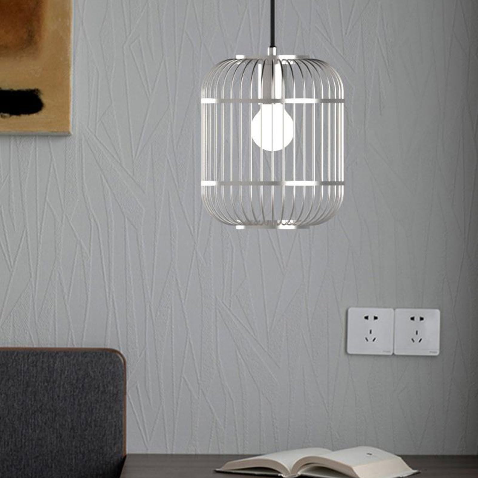 Lampada a sospensione moderna a gabbia per uccelli in argento per camera da letto, lampada a sospensione moderna in metallo per isola cucina, lampadario a sospensione E26 a testa singola