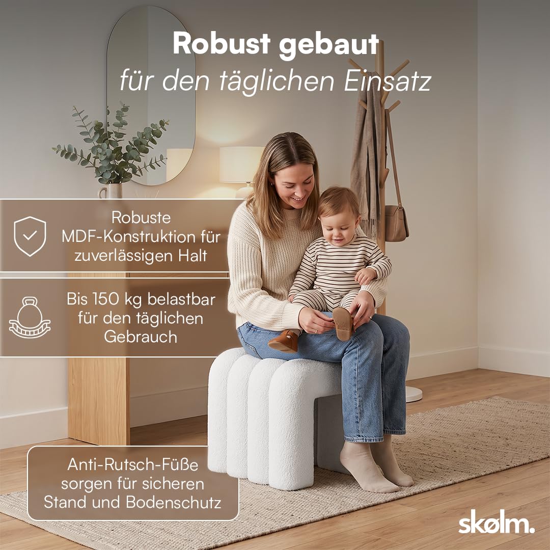 skølm Selitha Hocker U-Form, Sitzhocker 40x40cm, Teddy Bouclé, Creme-weiß