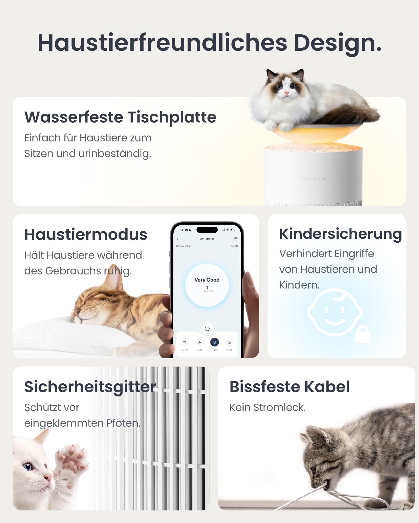 SwitchBot Luftreiniger mit App-Steuerung und Nachtlicht, CADR 400m³/h bis zu 83㎡ Zimmer, HEPA-Filter entfernt 99,97% Schimmel Staub Pollen, 20dB Schlafmodus, Haustiermodus für Familien mit Haustieren