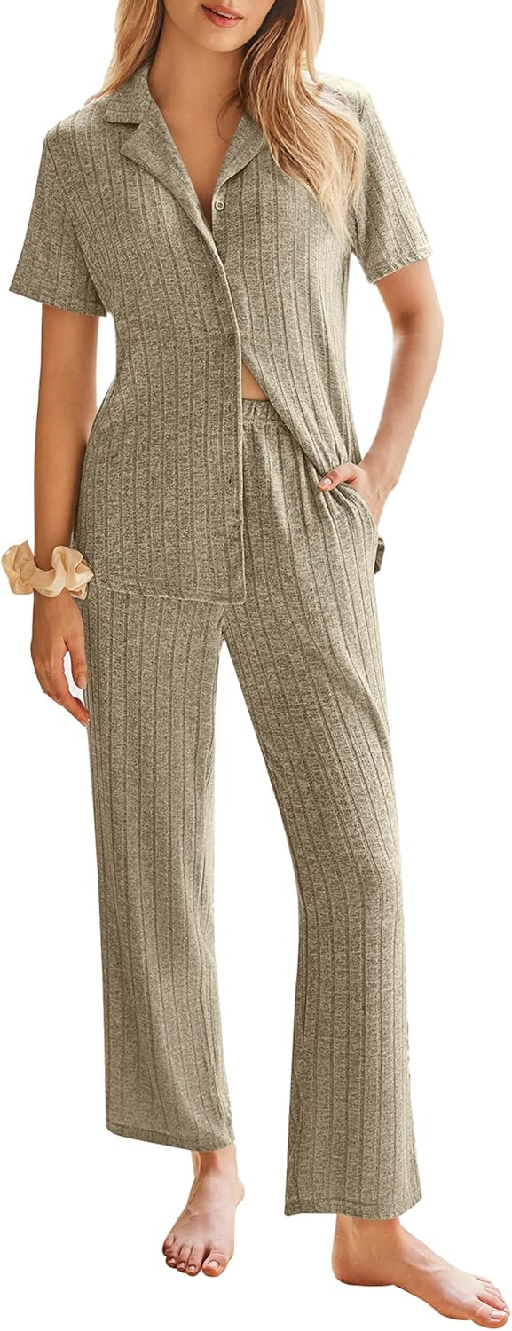 Ekouaer Womens Rib Knit Pajamas Button Up Lounge Sets Short Sleeve Top and Long Pants Matching Pjs Sleepwear Loungewear