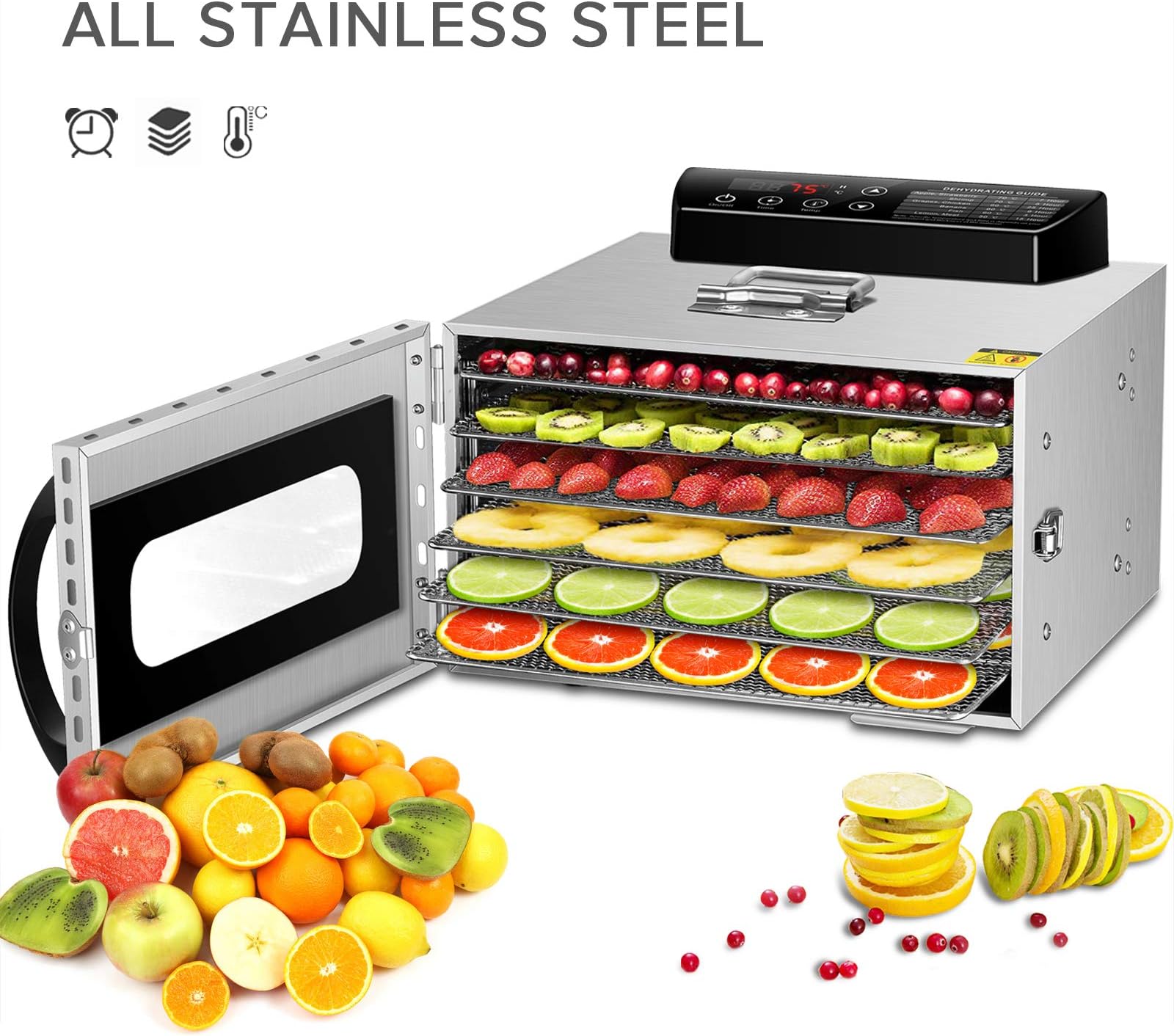 6 Trays Food Dehydrator,Commercial Stainless Steel Dehydrator Raw Food & Jerky Fruit,400W Preserve Food Nutrition Professional Household Vegetable Dryer, with 0~24 Hours Digital Timer