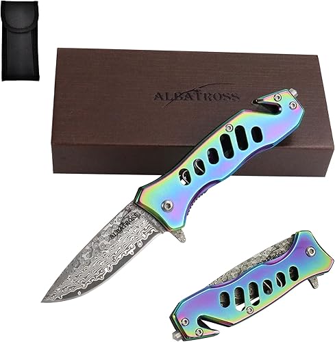 ALBATROSS EDC Cool Tactical - Cuchillo de bolsillo plegable con hoja moderna de acero de Damasco, cuchillos de apertura asistida por resorte