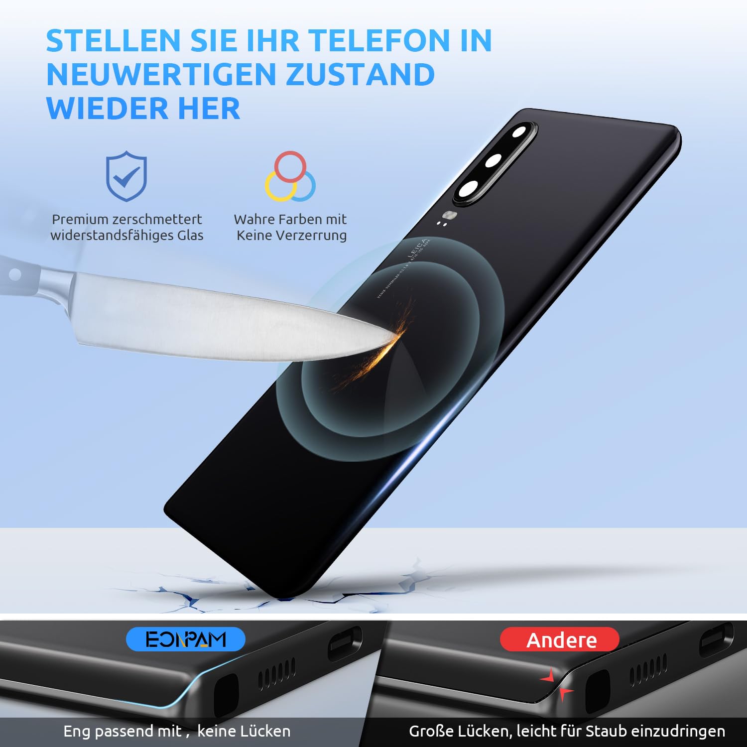 Akkudeckel für Huawei P30 Rückseite Glas Original Backcover Back Glas Ersatz Reparatur Set mit Kameraobjektiv (Schwarz) | Backcover Original Qualität Rückseite Akkudeckel Rückseite Glas Back Glass Backcover Glas mit Kameraglas Reparatur Set.