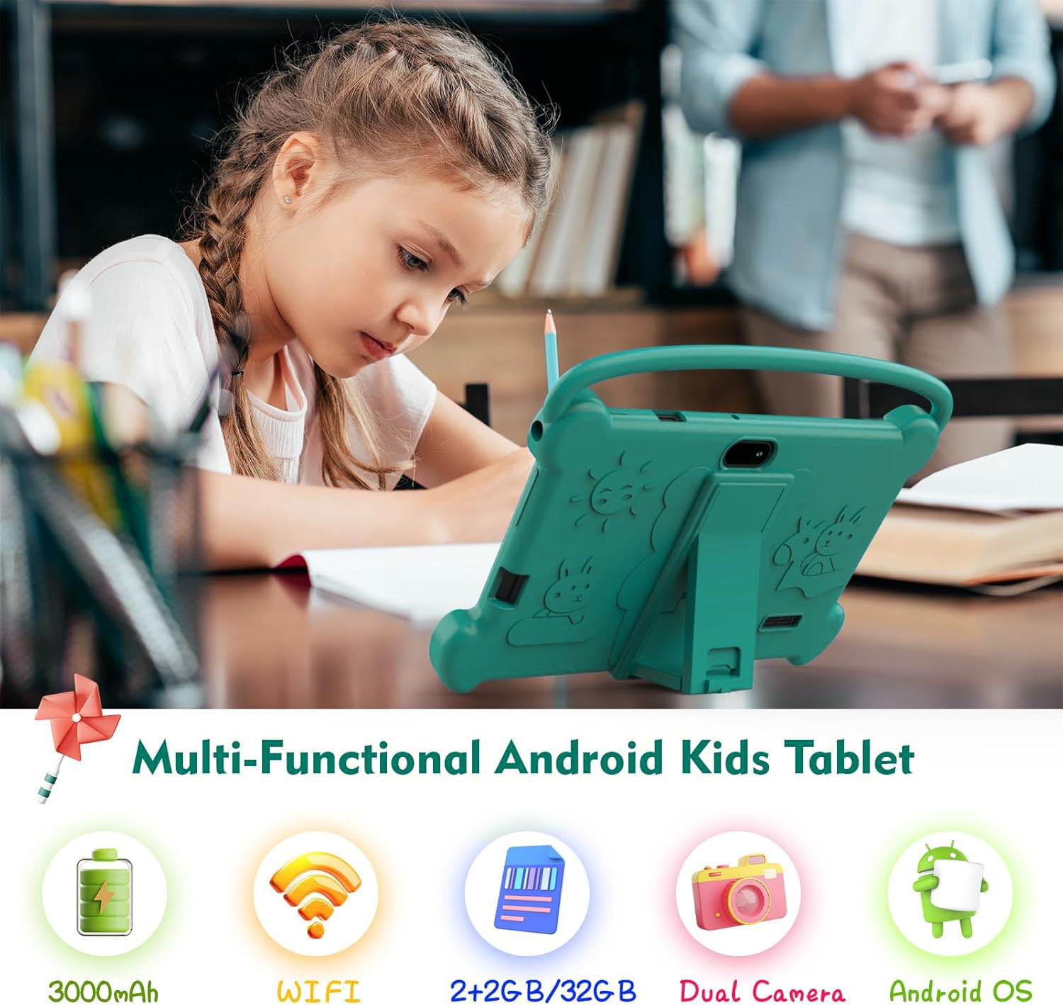 Tablet per bambini da 7 pollici 3-9 per bambini, 32 GB ROM con custodia antiurto, software Android per bambini installato Netflix, YoutTube, app aiwawa, controllo genitori, doppia fotocamera