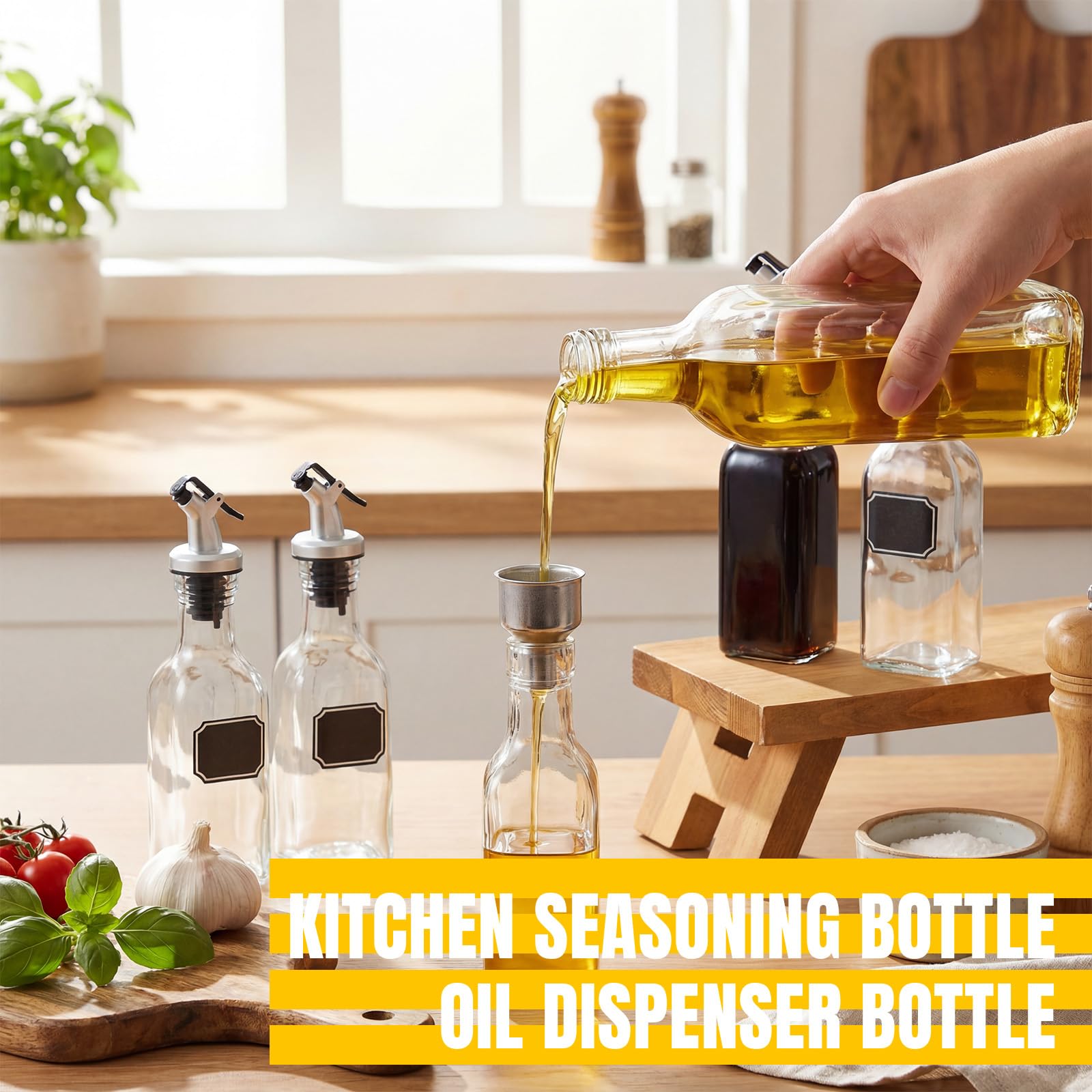 Zestaw dozowników oliwy z oliwek z przezroczystego szkła, 140 ml, z wylewką i octem, niezbędne przybory kuchenne z lejkiem ze stali nierdzewnej i czarną etykietą dla łatwej identyfikacji, 18 szt