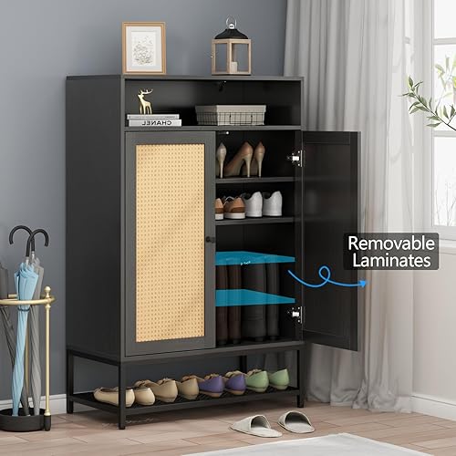 Miniatura 5 de Gyfimoie Organizador de zapatos de ratán con puertas, armario de almacenamiento de zapatos con estantes ajustables para entrada, estante de zapatos