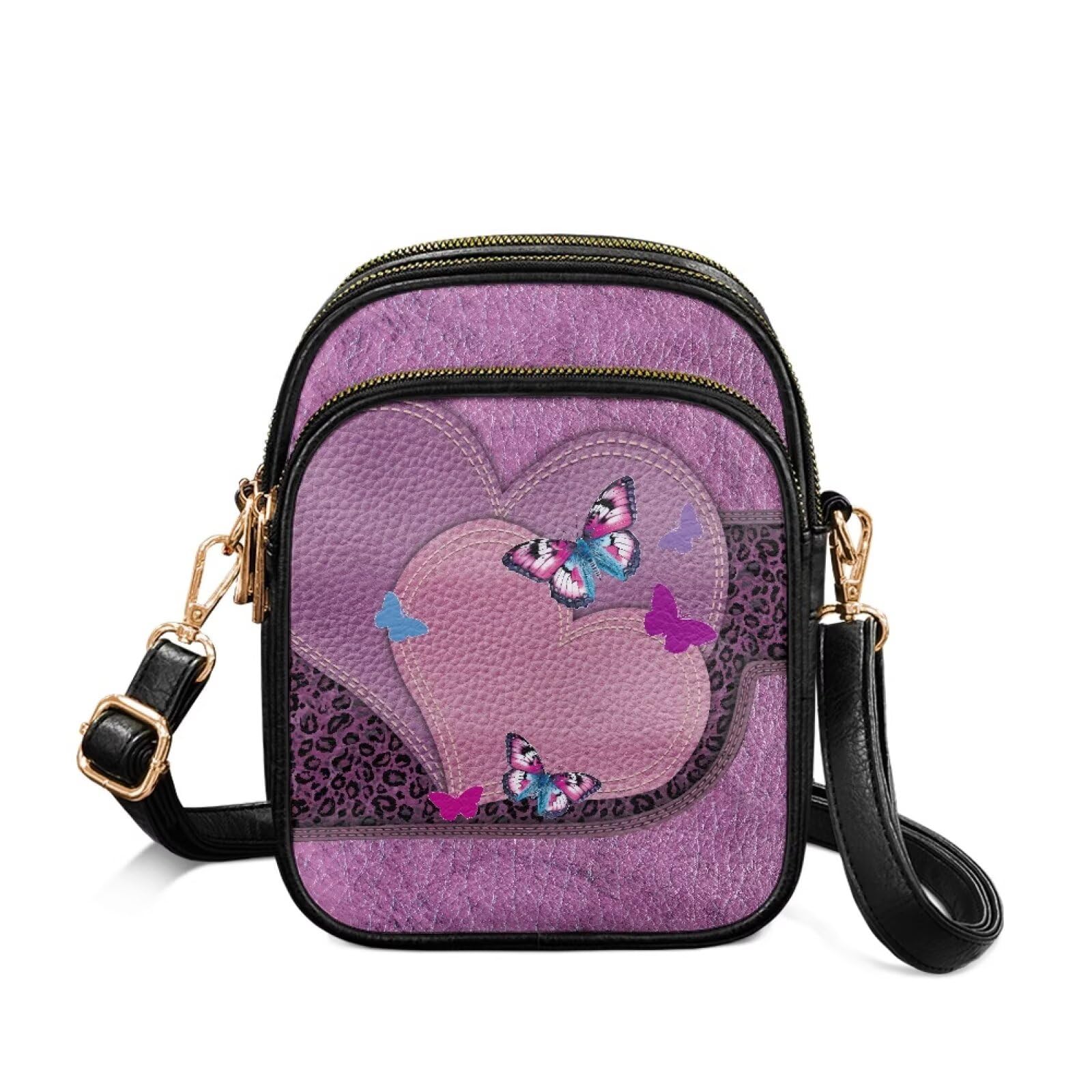 Fioletowe serce skórzane torby crossbody dla kobiet motyl lampart tornister torby warstwowa torebka do przechowywania dla kobiet crossbody, mała torba na telefon, niezbędna do pracy