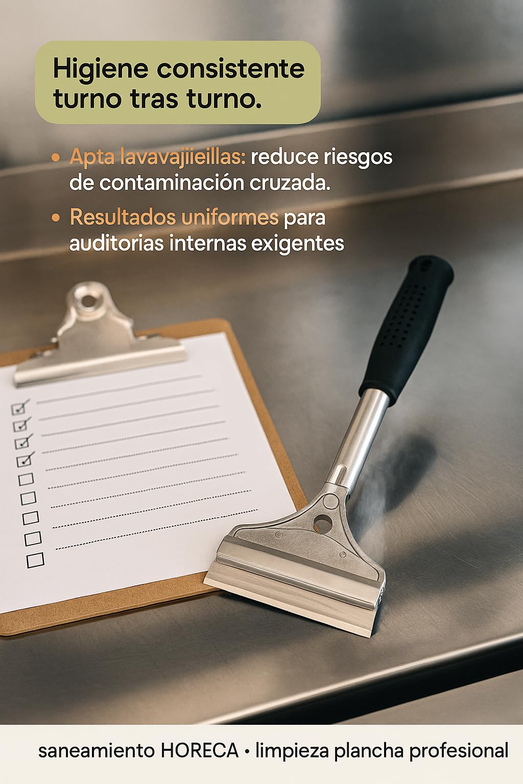Rasqueta Cromo Duro 10 Cm Acero Inoxidable Mango Antideslizante Doble Cuchilla Apta Lavavajillas Limpieza Planchas Fry Top HORECA Industrial Ref 93GS09001 Herramienta Sat