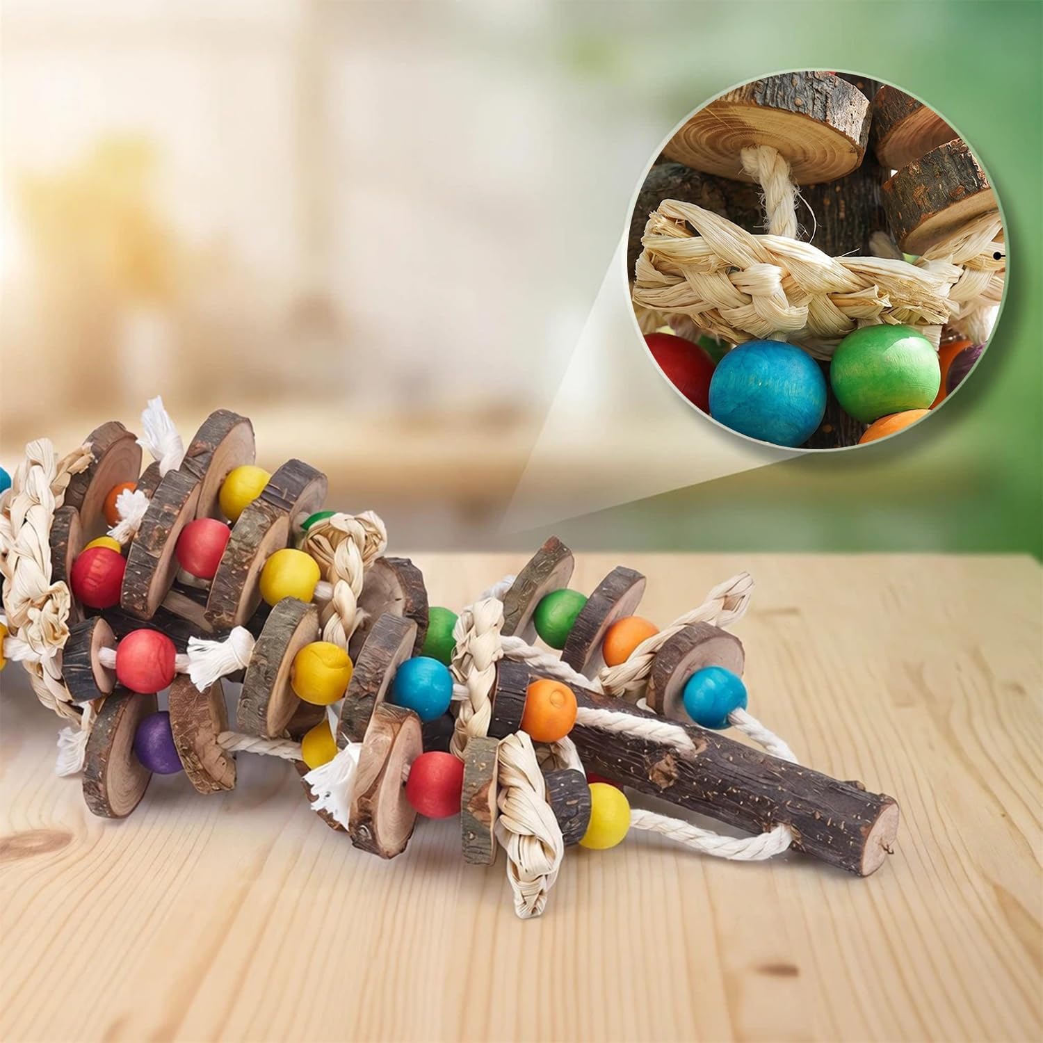 Vogelspielzeug Papagei Natürliches Kauspielzeug für Kakadus, Graupapageien, Aras und Amazonas Papageien, Mehrfarbiges Holzblockspielzeug zum Klettern, Kauen