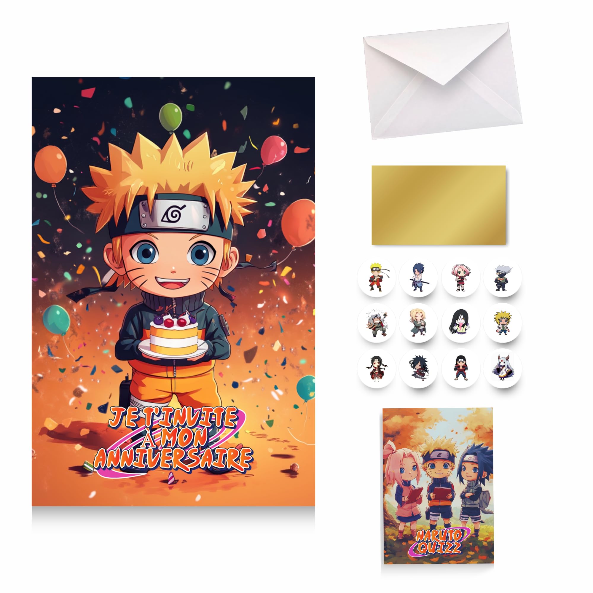 GeekWithAttitude Lot de 10 Cartes d'Invitations Anniversaire Naru - Kit Fête avec 10 Stickers, 10 Autocollants Dorés à Gratter (Lieu Mystère), 10 Enveloppes Blanches et 1 Carte Quizz Interactive GeekWithAttitude Lot de 10 Cartes d'Invitations Anniversaire Naru - Kit Fête avec 10 Stickers, 10 Autocollants Dorés à Gratter (Lieu Mystère), 10 Enveloppes Blanches et 1 Carte Quizz Interactive