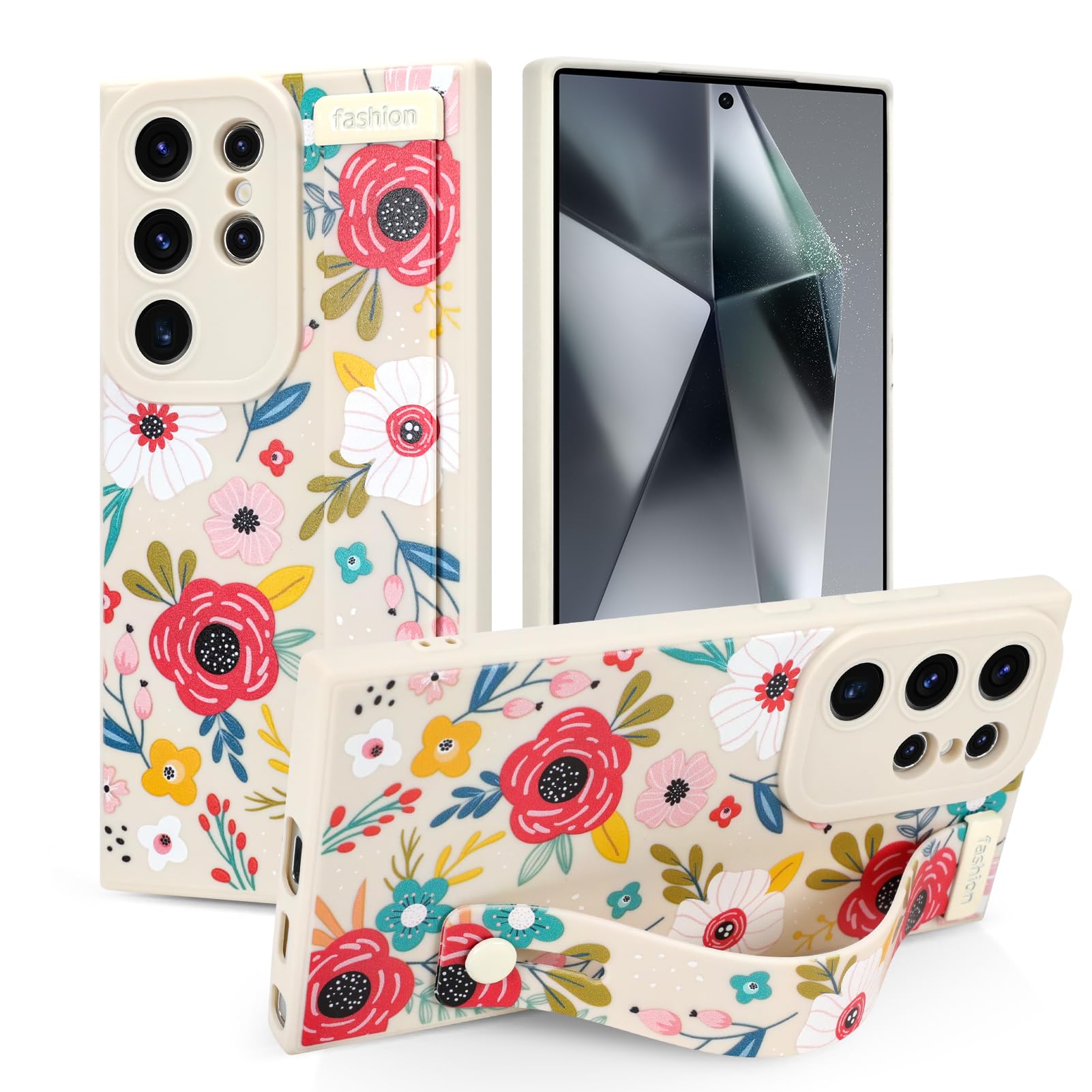 Jefonha Case for Samsung Galaxy S24 Ultra 6.8 inch 2024 Released, Silicone Case with Strap for Women Girls Cute Floral Flowers Adjustable Wristband