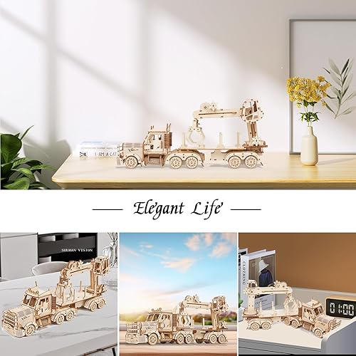 Miniatura 7 de Rompecabezas de madera 3D para adultos, rompecabezas mecánicos de madera con grúa de camión, kit de construcción de modelos de bricolaje, juguete de