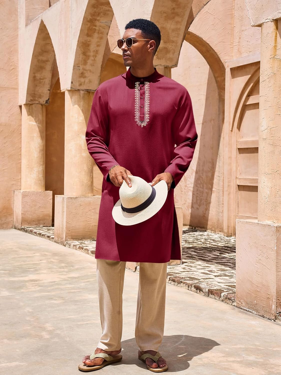 Yousify Mens Kaftan Thobe Casual Henley Shirts Button up Long Sleeve Robe Muslim Gown Shirt - Image 2