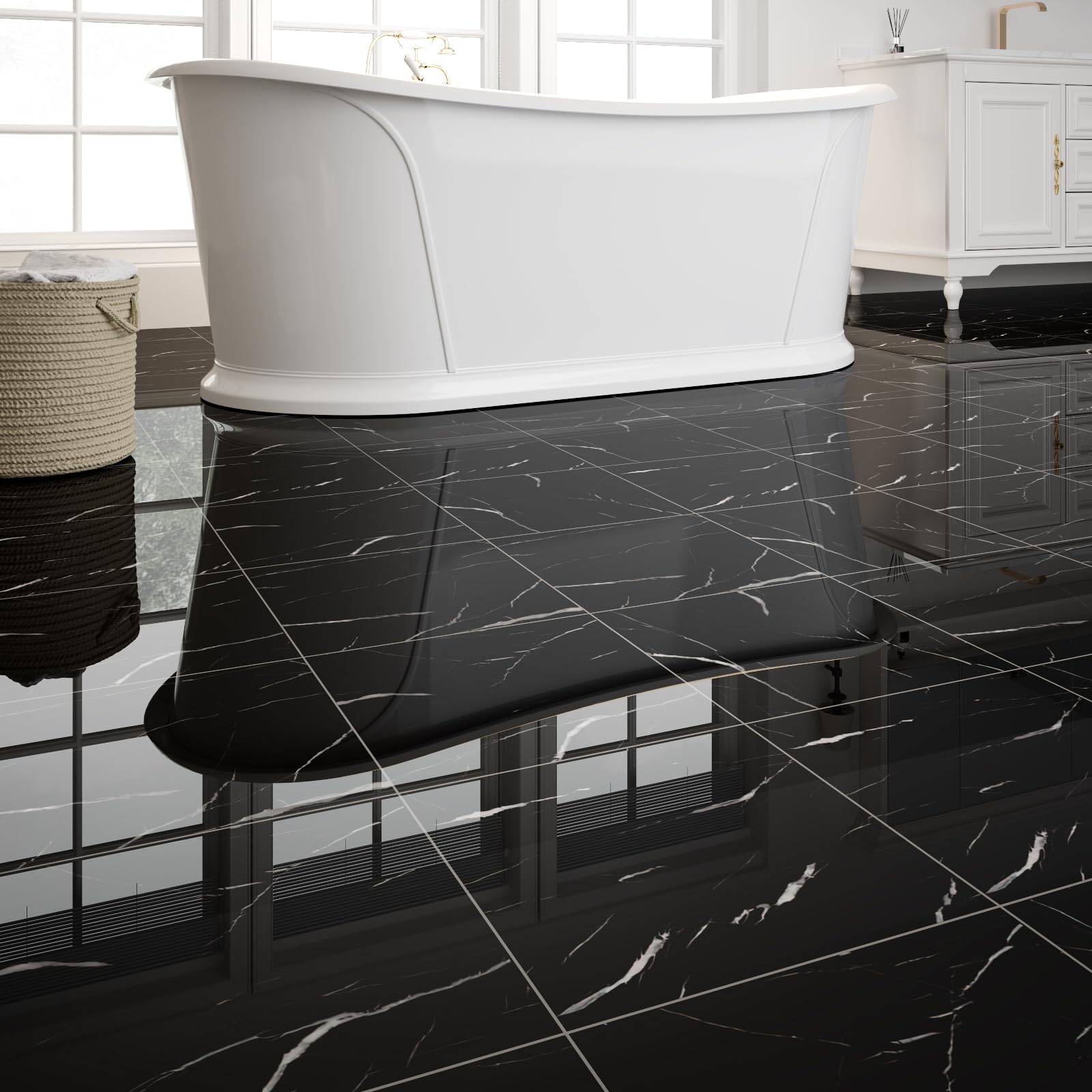 Confezione da 20 piastrelle adesive per pavimenti in vinile, autoadesive, impermeabili, fai da te, per bagno, cucina, soggiorno, camper, 30,5 x 30,5 cm, effetto marmo nero lucido