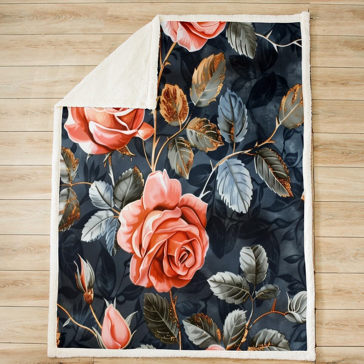 Feelyou Vintage Red Floral Sherpa Blanket Floral Botanical Flower Fleece Throw Blanket for Kids Adult Girls Plants Leaf Print Plush Blanket Romantic Black Fuzzy Blanket for Sofa Bed Couch 60"x80"