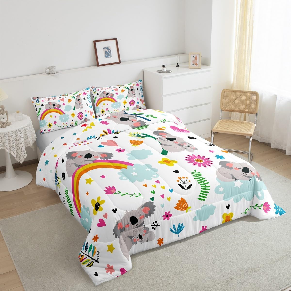 Erosebridal Kids Koala Bedding Set Cute Safari Animals Comforter for Boys Girls Flowers Butterfly Comforter Sets Cartoon Rainbow Comforter Bedroom Decor 1 Pillow Case Twin Size