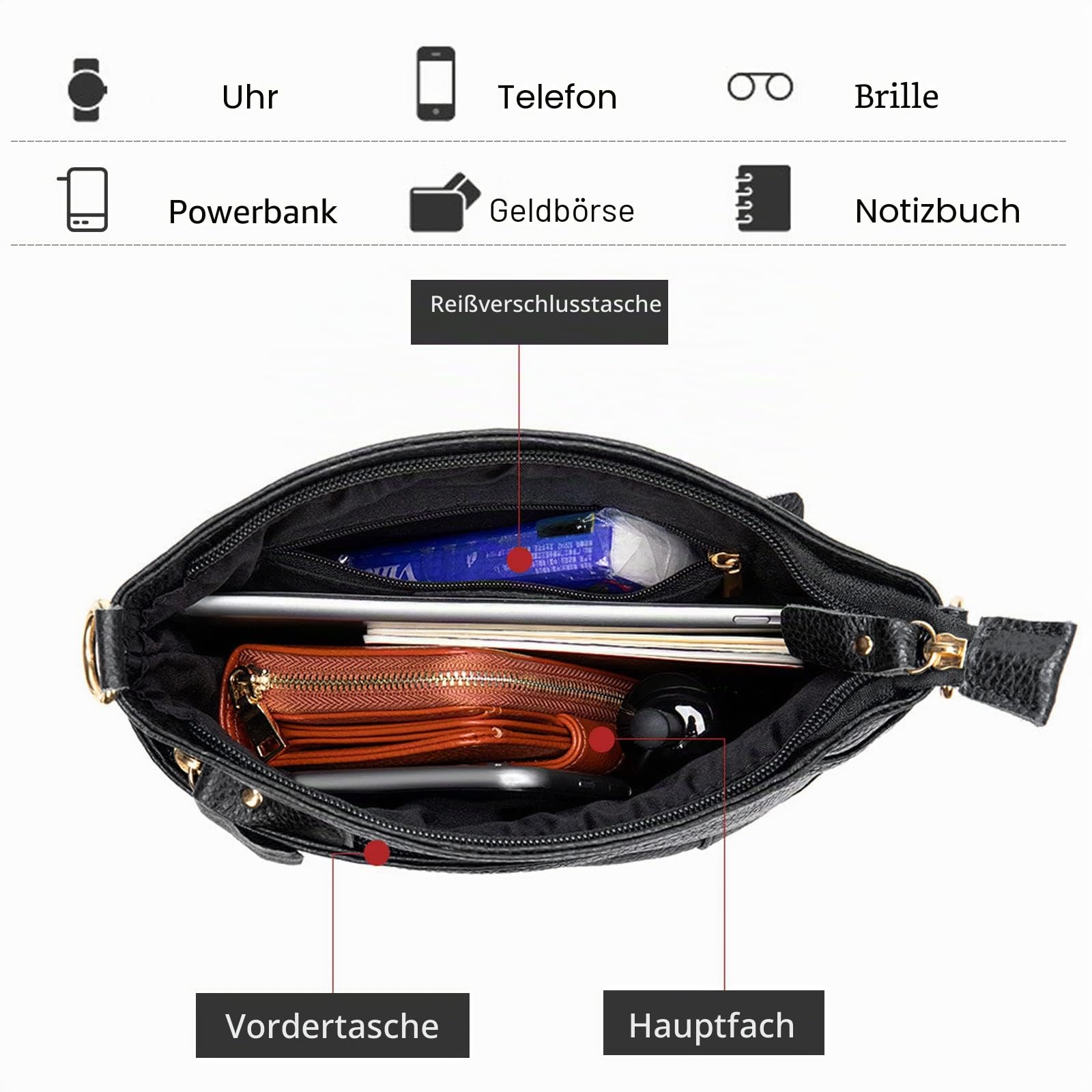 FANDARE Damen Handy Umhängetasche Crossbody Tasche Handtaschen Leder Schultertasche Frauen Handytasche zum Umhängen Schultertasche Portemonnaie Geldbörse Damentasche Schwarz
