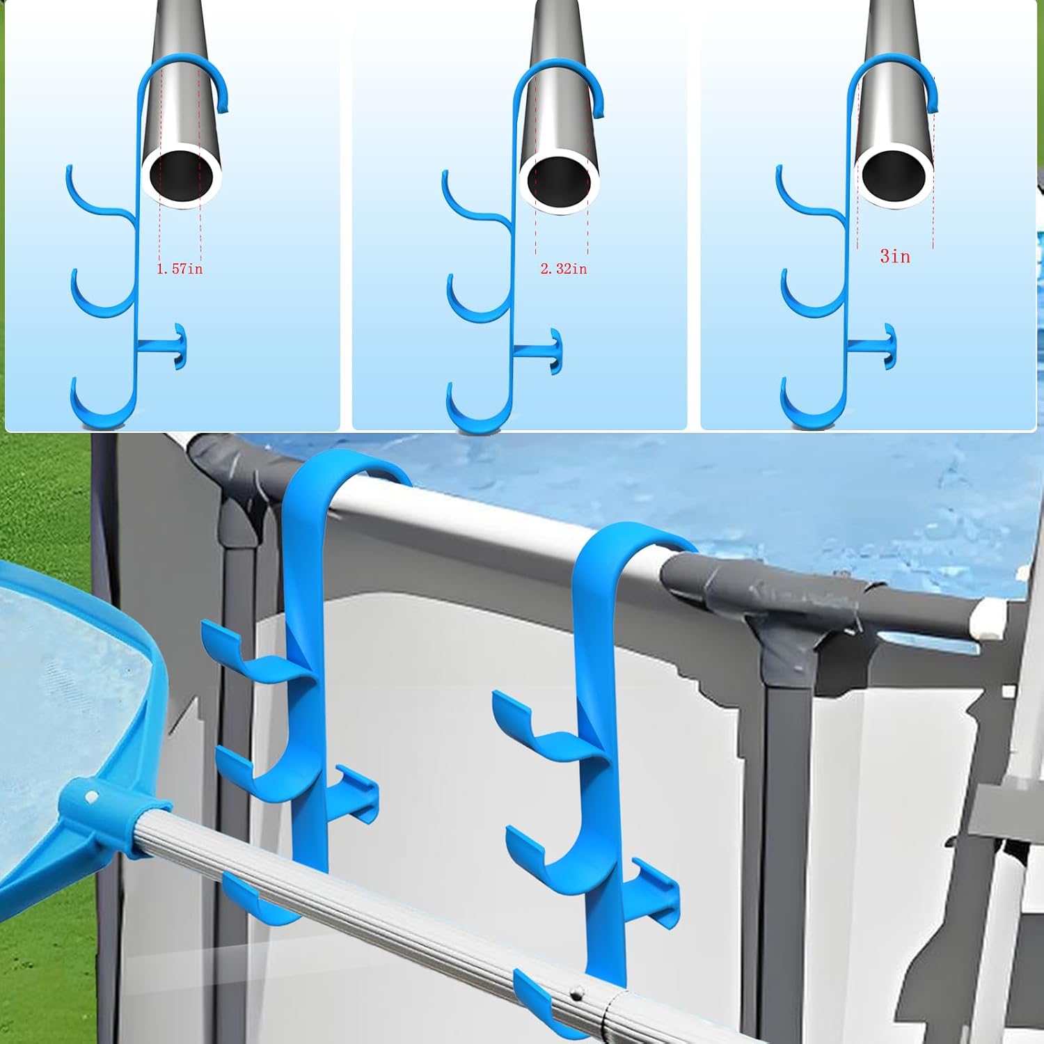 2 Pack Poolside Pool Leaf Skimmer Net Holder,Above Ground Pool Pole Hanger, Above Ground Pool Accessories,Adjustable Telescopic Pool Pole Hooks,Pool Brush Hanger Tool Pool (Blue)