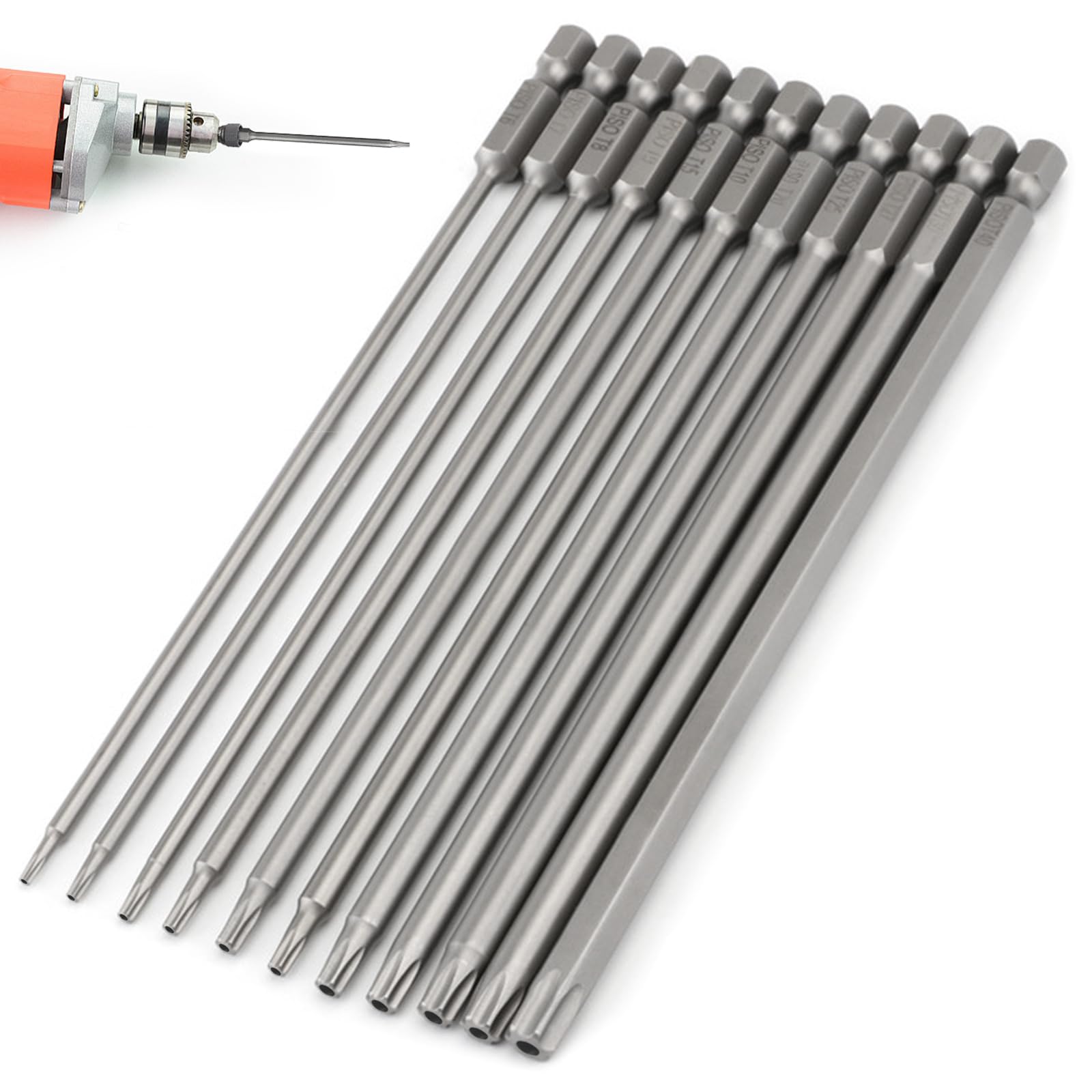 11 Pcs 200mm Long Screwdriver Bits, T6-T40 Torx Bit Set 1/4 Inch Hex Shank Magnetic Security Torx Bits S2 Steel Star Screw Driver Bit Sets for Impact Drill Hand Tools