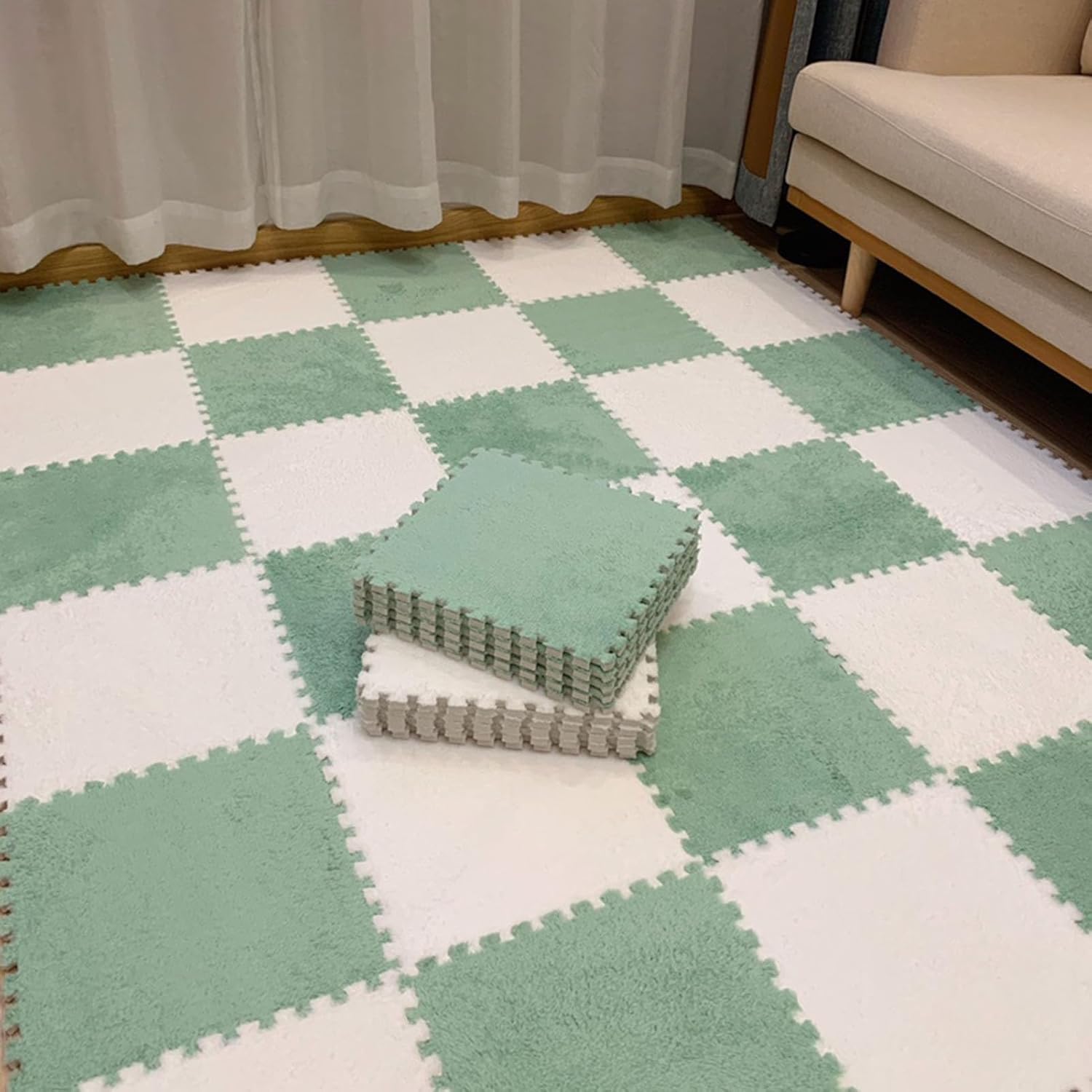 JvFbjLF Plush Foam Interlocking Floor Tiles Mats 1x1ft Foam Splicing Carpet Tiles With Edgings(Mint Green+White,20pcs)