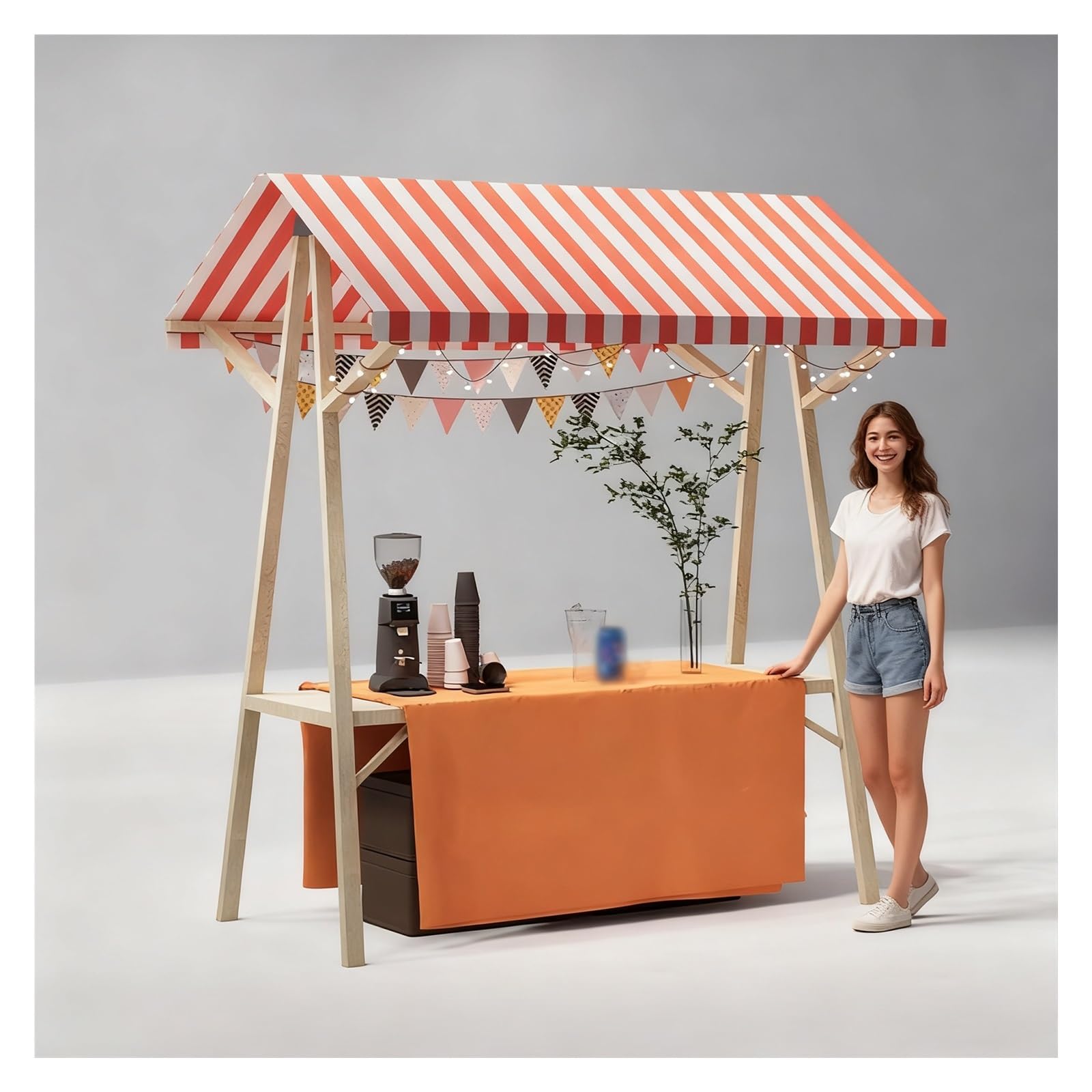 Tragbarer Lebensmittelwagen mit gestreiftem Überdachung Heavy-Duty Mobile Vendor Stand mit Rädern Kommerzieller Holzmarkt-Anzeige Snacks Süßigkeiten und Spielzeug
