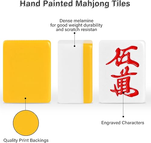 Miniatura 5 de QYMZKA Juego de Riichi Mahjong japonés, azulejos blancos y amarillos de gran tamaño, con azulejos de viento oriental, juego de palos de puntuación y