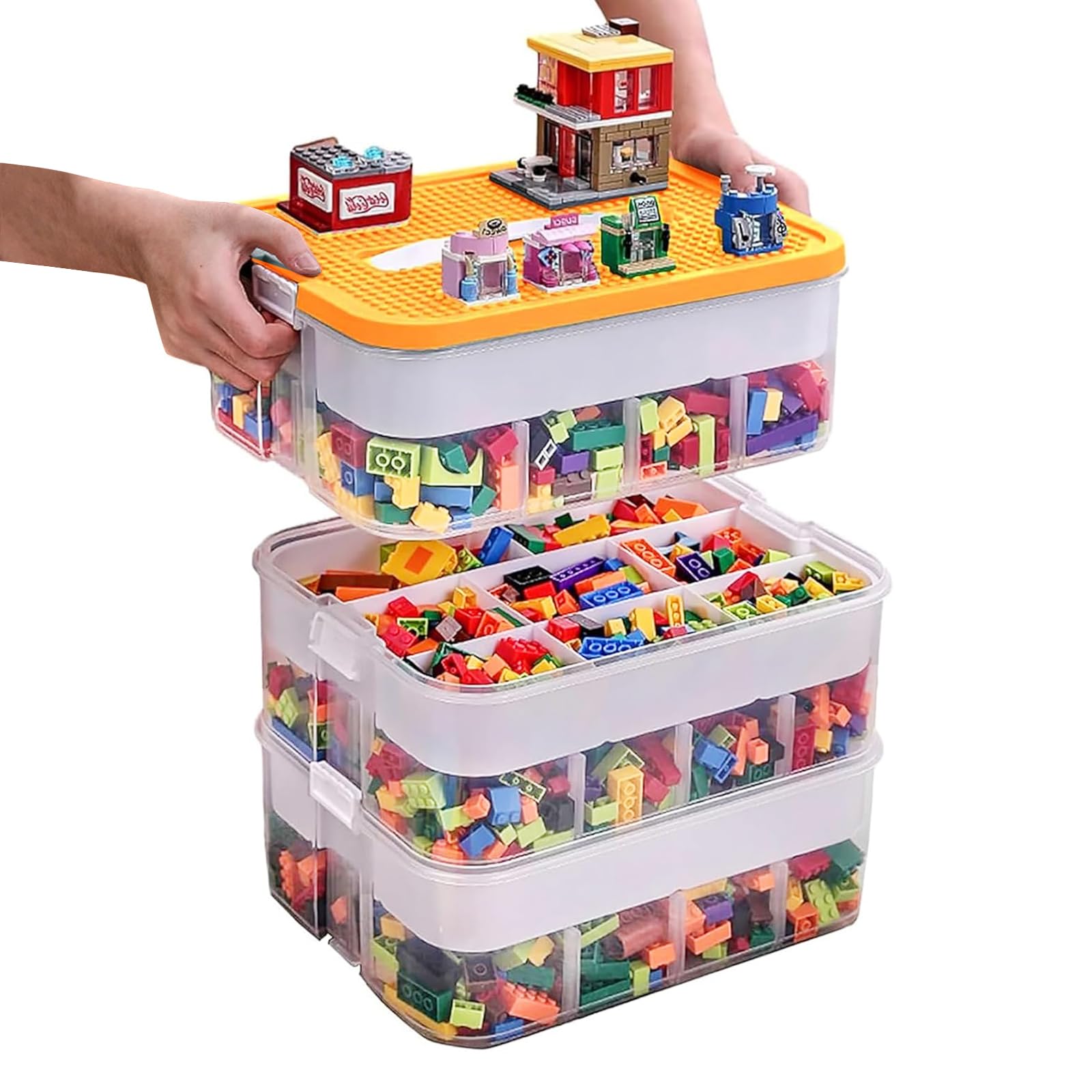 Pudełko do przechowywania klocków dla dzieci z pokrywką, 3 poziomy, pudełko do przechowywania Lego, możliwość układania w stos, tworzywo sztuczne, przezroczyste, z przegródkami do