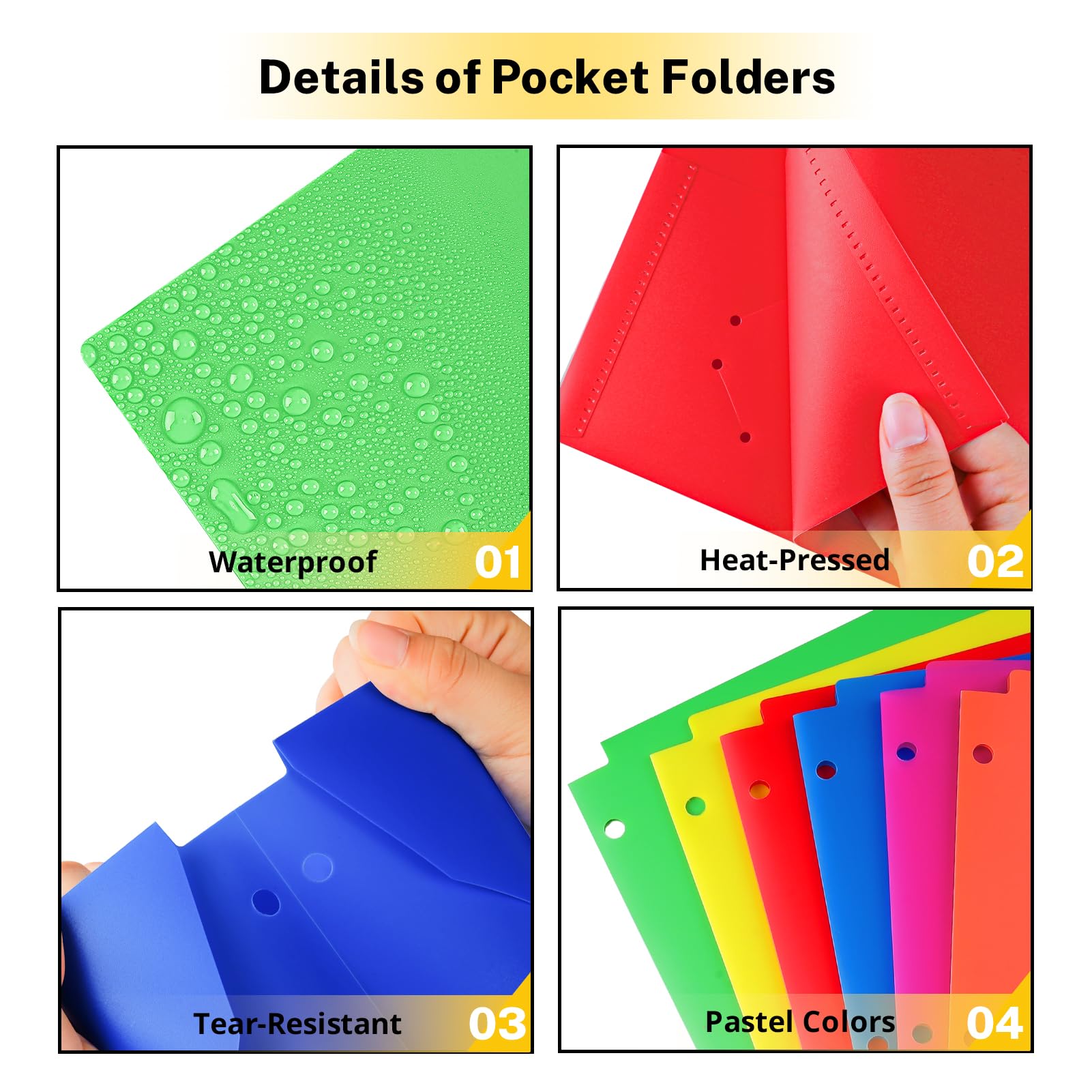 Habgp Carpetas de plástico con bolsillos, paquete de 12 carpetas de bolsillo de 6 colores surtidos para carpeta perforada de 3 agujeros, carpetas resistentes de tamaño carta, 2 bolsillos para