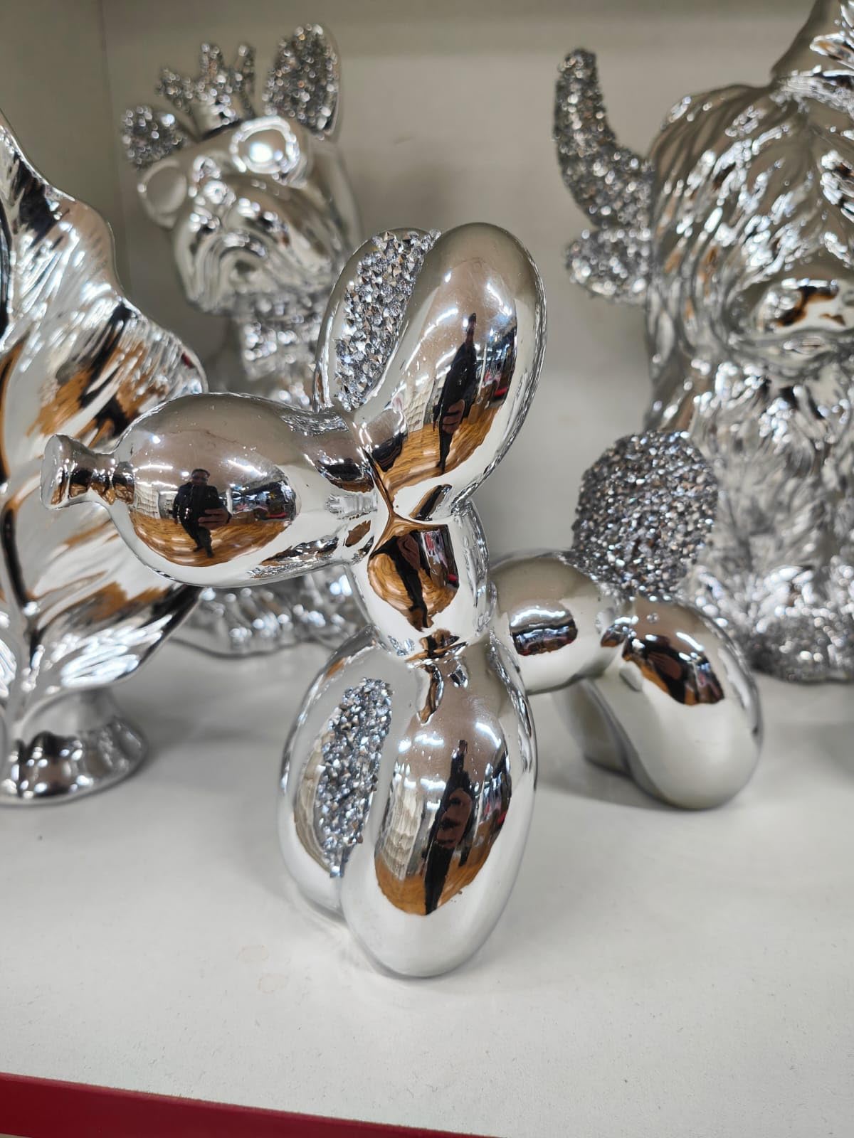 Biznest Chrome Balloon Dog Crushed Jewel Silver Figure Sculpture Pop Art Balloon Look Dog Statues For Home Decor Best For Gift