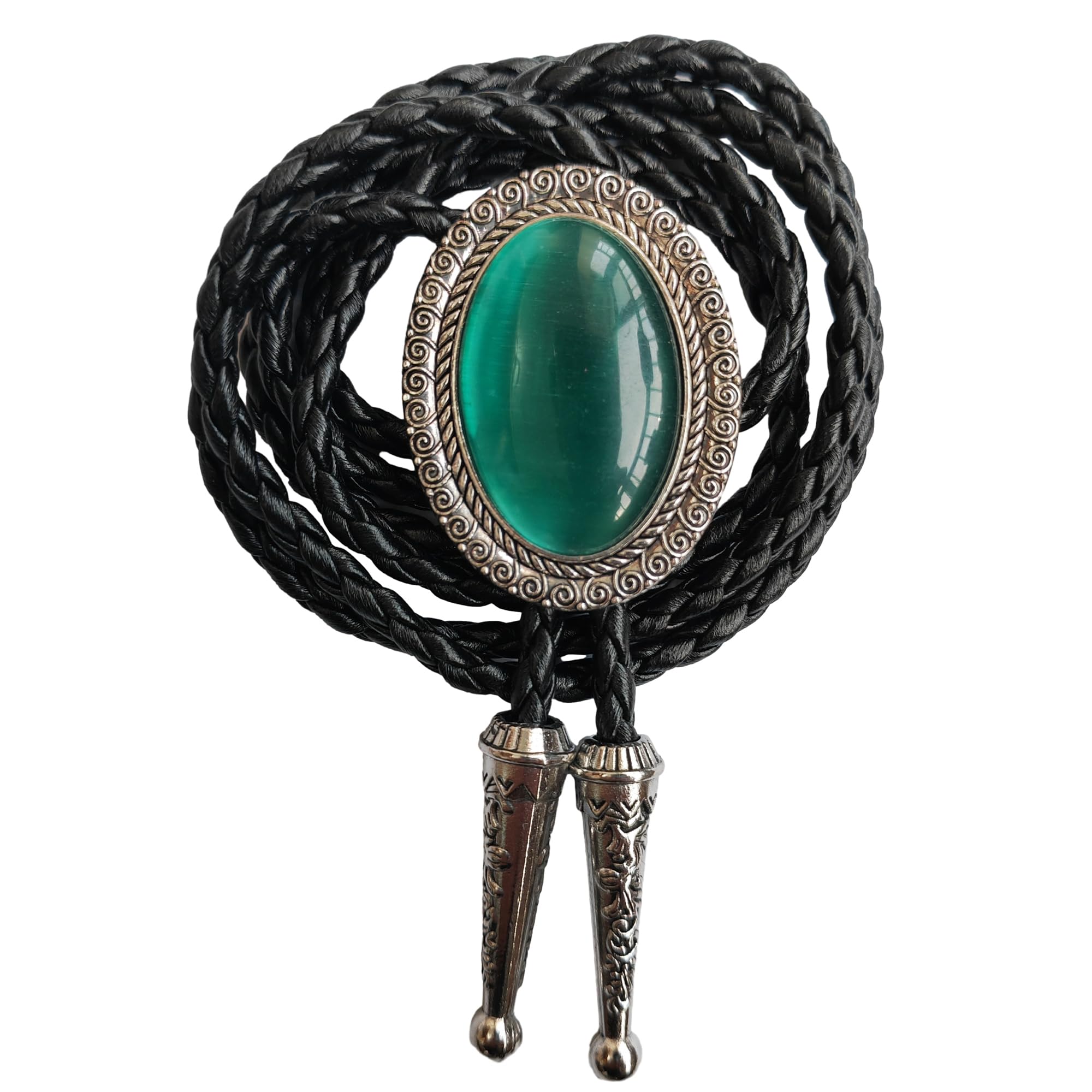 Himongoo Green Emerald Bola Bolo Tie Black Leather Wedding Necklace for Men Women Western Style Bolo Necktie