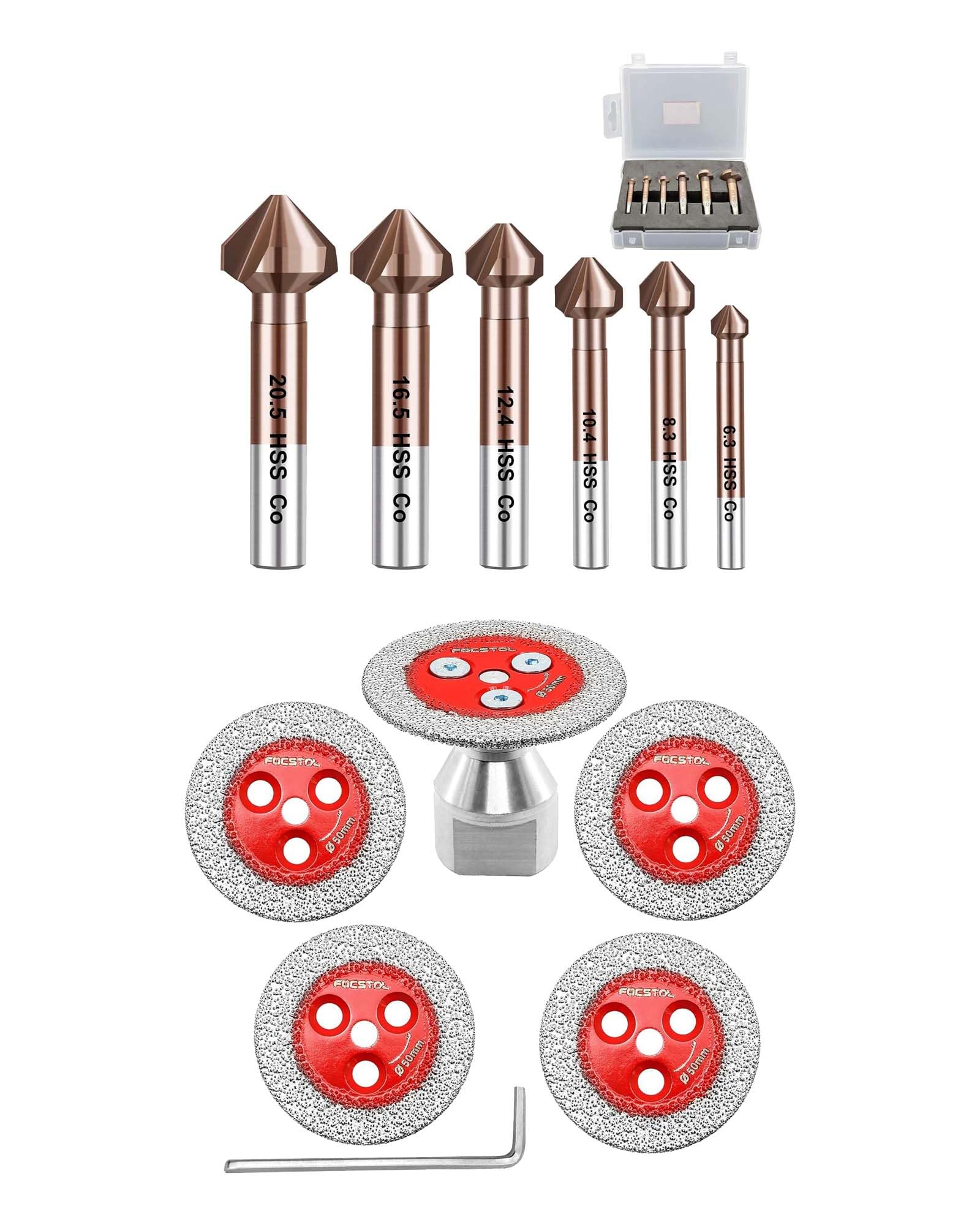 FOCSTOL Disco Diamante Corte 5 piezas 50mm Disco Cortar Azulejos y 1 pieza M14 Brida y Brocas Avellanador para Metal 6pzs (6,3/8,3/10,4/12,4/16,5/20,5mm)