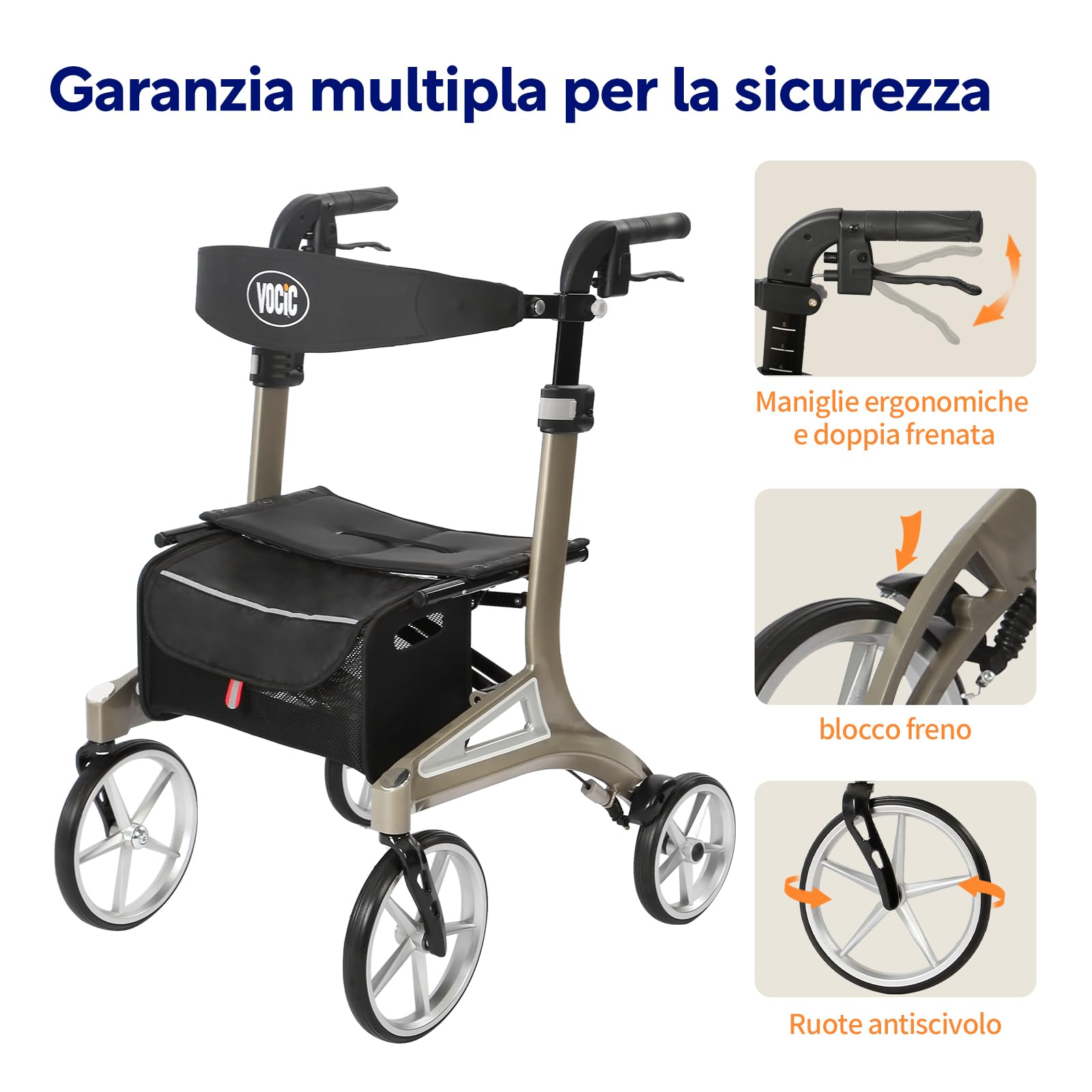 VOCIC Z71 deambulatore pieghevole per anziani, Alluminio & impermeabile | Deambulatore peso leggero con sedile, ruote PU tuttoterreno antiforatura, schienale e altezza regolabili, verde grigio