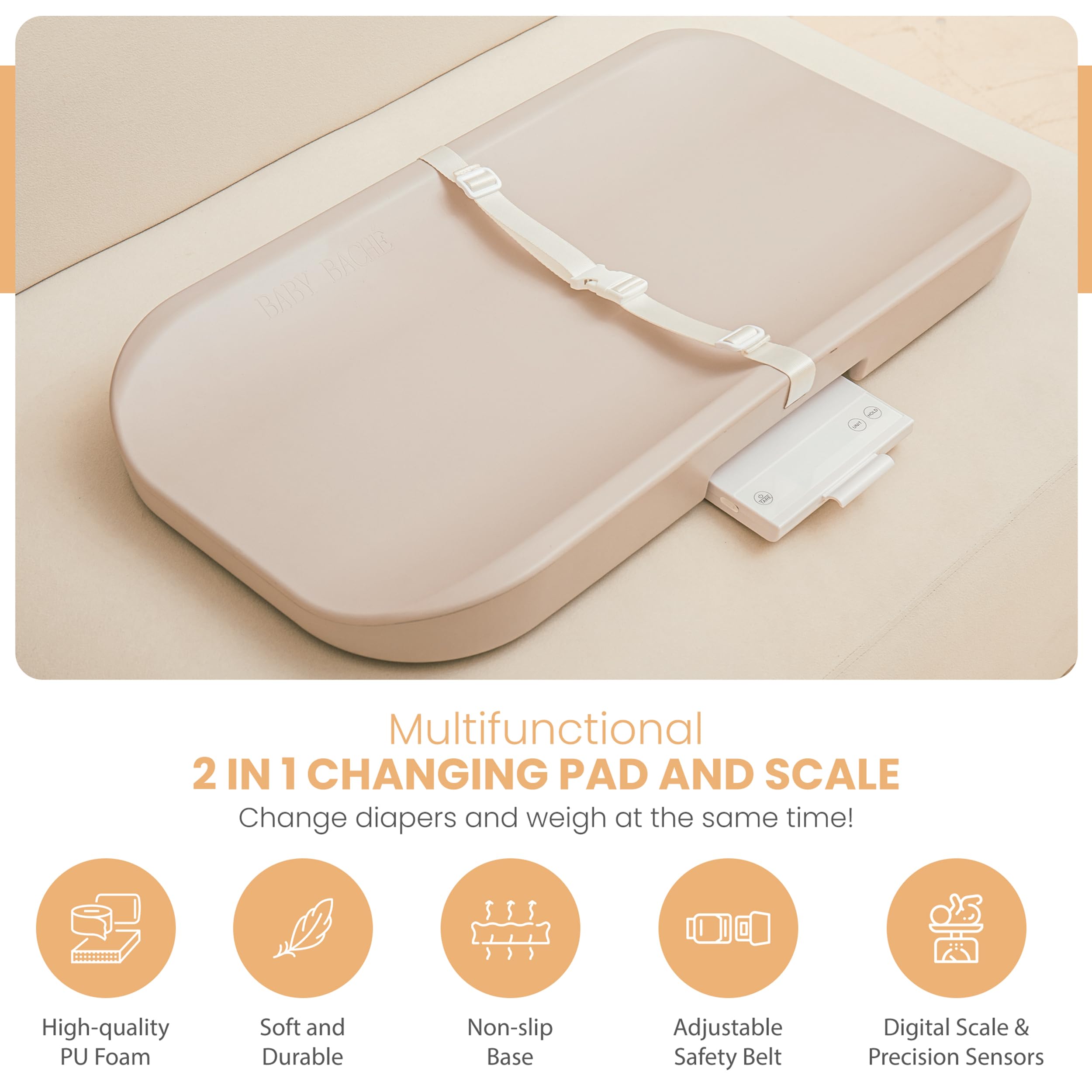 Baby Changing Pad, Baby Scale, 2 in 1 Baby Smart Scale and Change Pad, Waterproof Changing Pad, Wipeable Changing Pad with Safety Belt, Non-Slip Pad for Dresser, Easy to Clean & Portable Cushion Pad