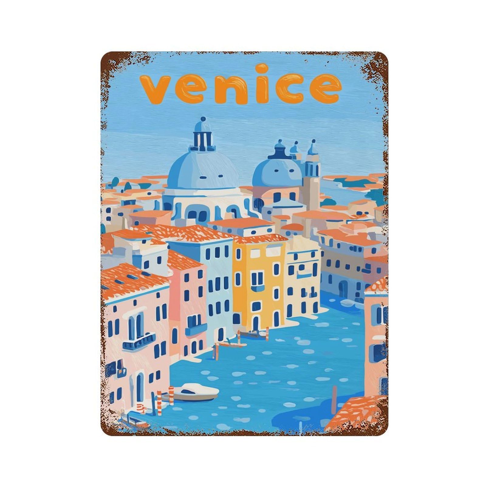 Venice Cityscape Illustration Rusty Metal Tin Sign 15.7"x11.8", Rustic Home Decor for Living Room, Hallway And Home Decor