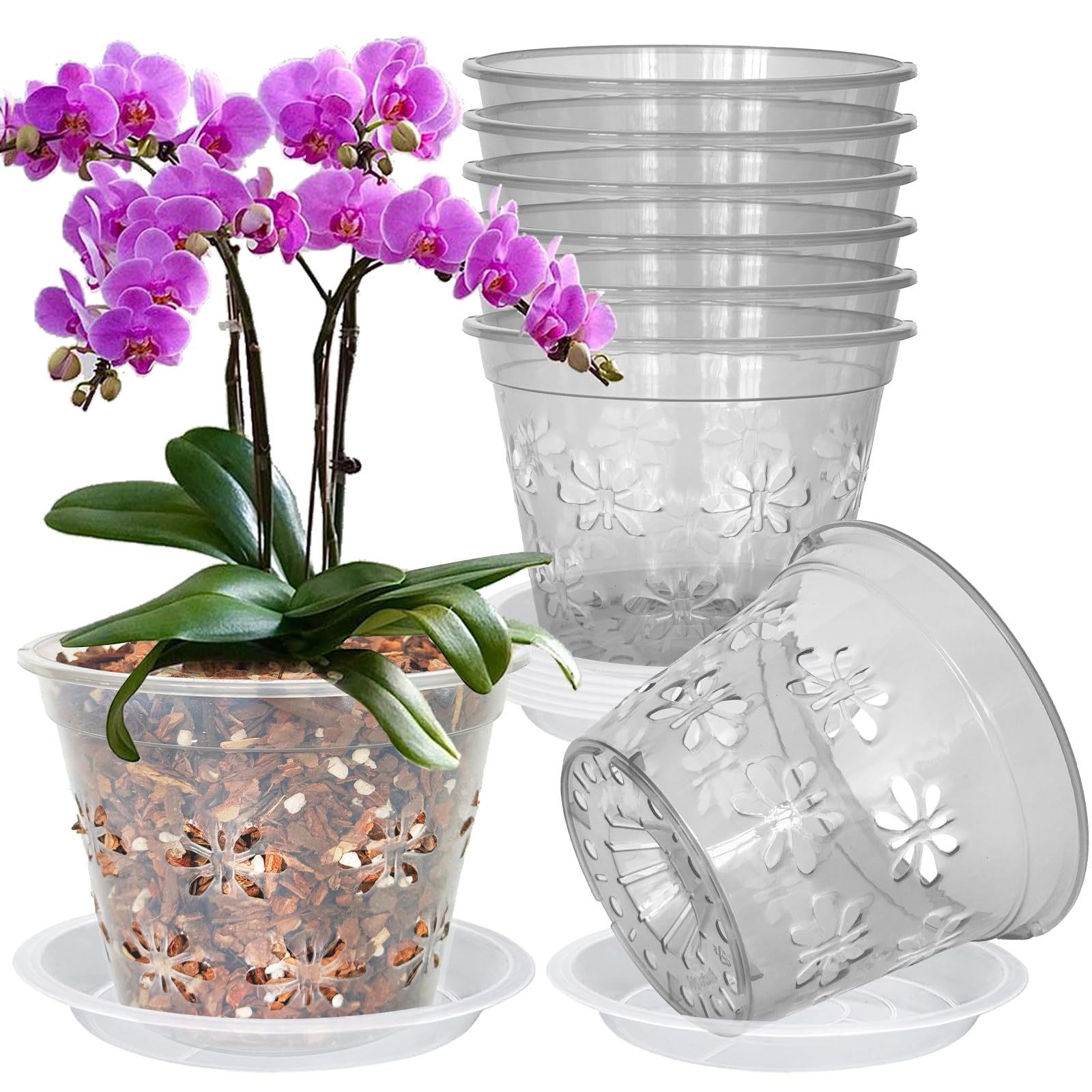 Orchid Pot, 8 Pack Orchid Pots with Holes & Saucers, Clear Plastic Pot for Repotting, Breathable Ventilation Planters for Phalaenopsis, Dendrobium & Oncidium Orchids(7 inch, Grey)