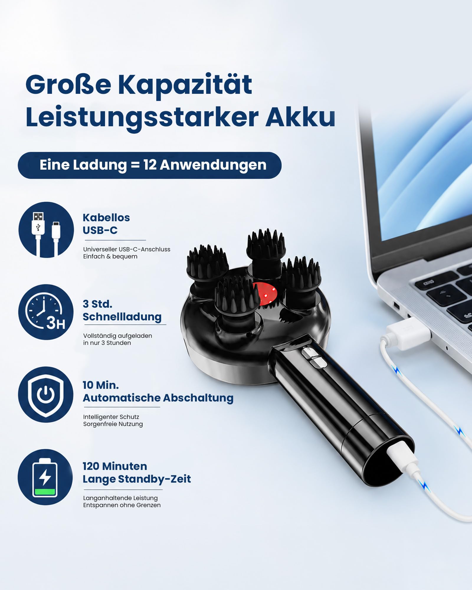COMFIER Handheld Kabelloses Kopfmassagegerät, Elektrisches Kopfhaut-Massagegerät mit 3 Modi, 8 Silikonköpfen, IPX7 wasserdicht, zur Haarwachstumsförderung & Entspannung, Schwarz