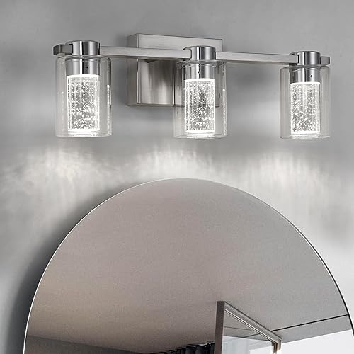 Eatich Lámpara de tocador de baño de 3 luces de níquel cepillado, lámparas de baño sobre el espejo, luces LED de cristal regulables con cristal de