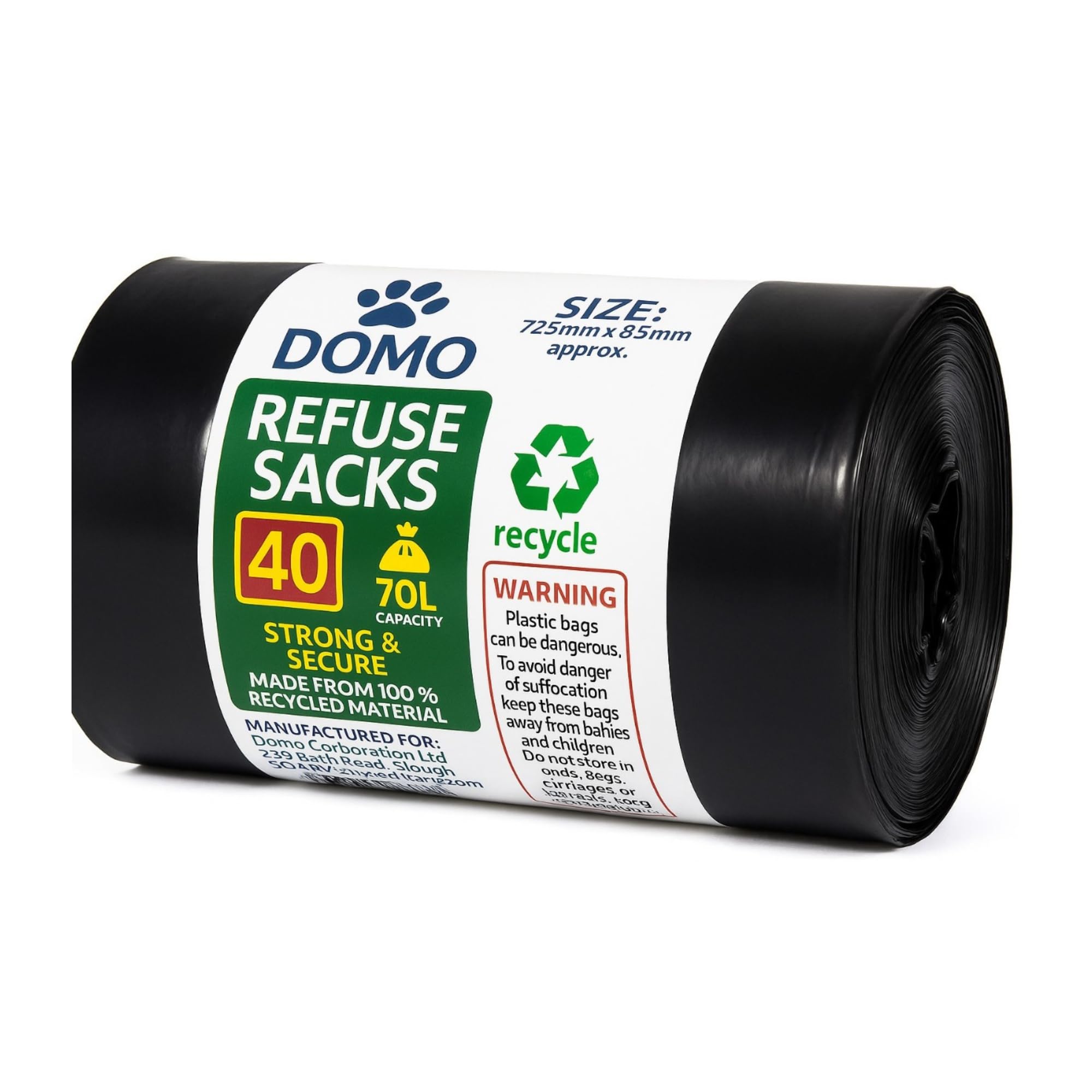 Heavy Duty Black Bin Bags 70L – 30 µm Extra Strong Rubbish Sacks for Garden Waste, Refuse & Recycling – 40 Pack Durable Trash Bags