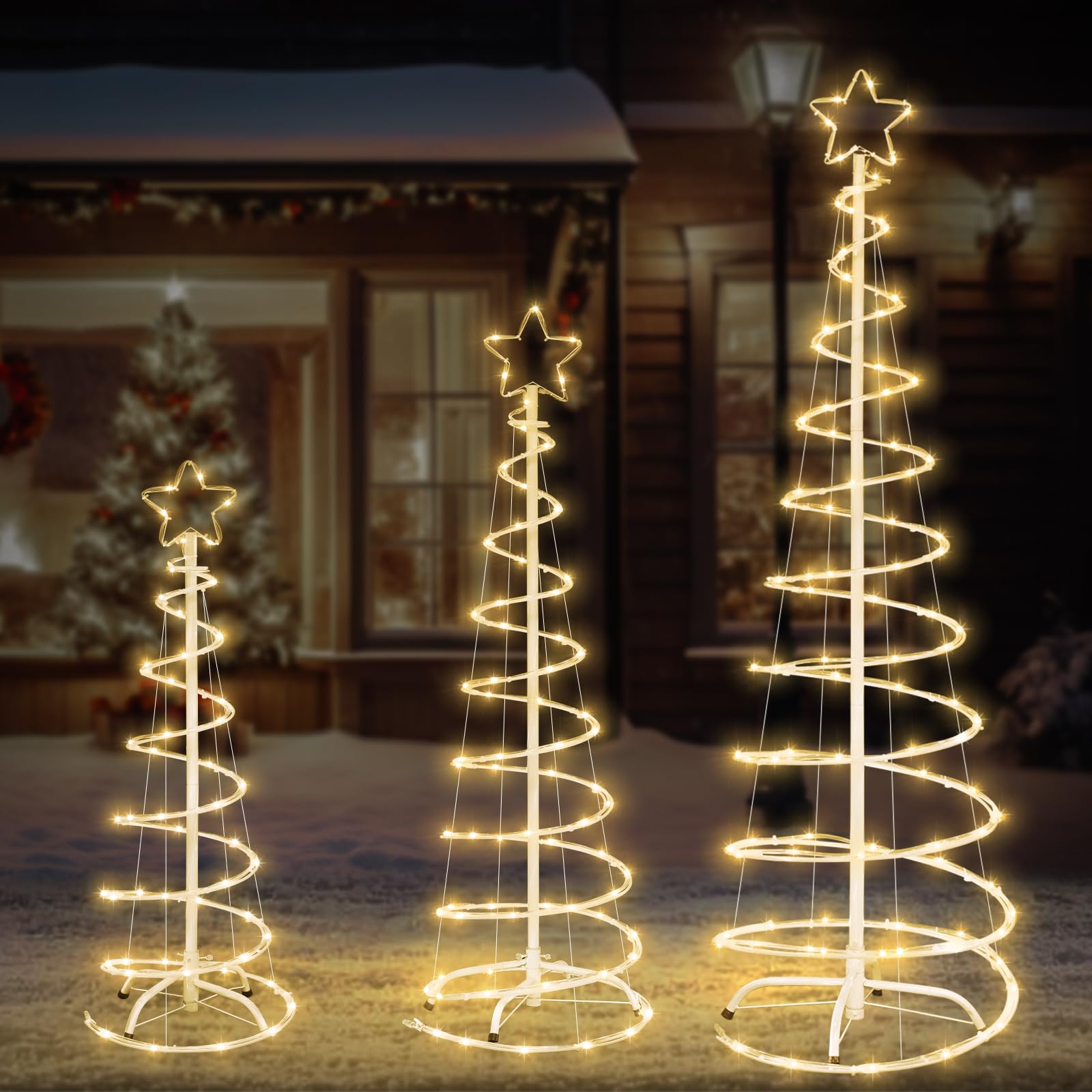 3 packs christmas spiral tree with lights, 3/4/5 ft lighted xmas collapsible tree with metal stakes for indoor & outdoor, yard, porch, garden holiday decor (warm white, 3-4-5 ft)