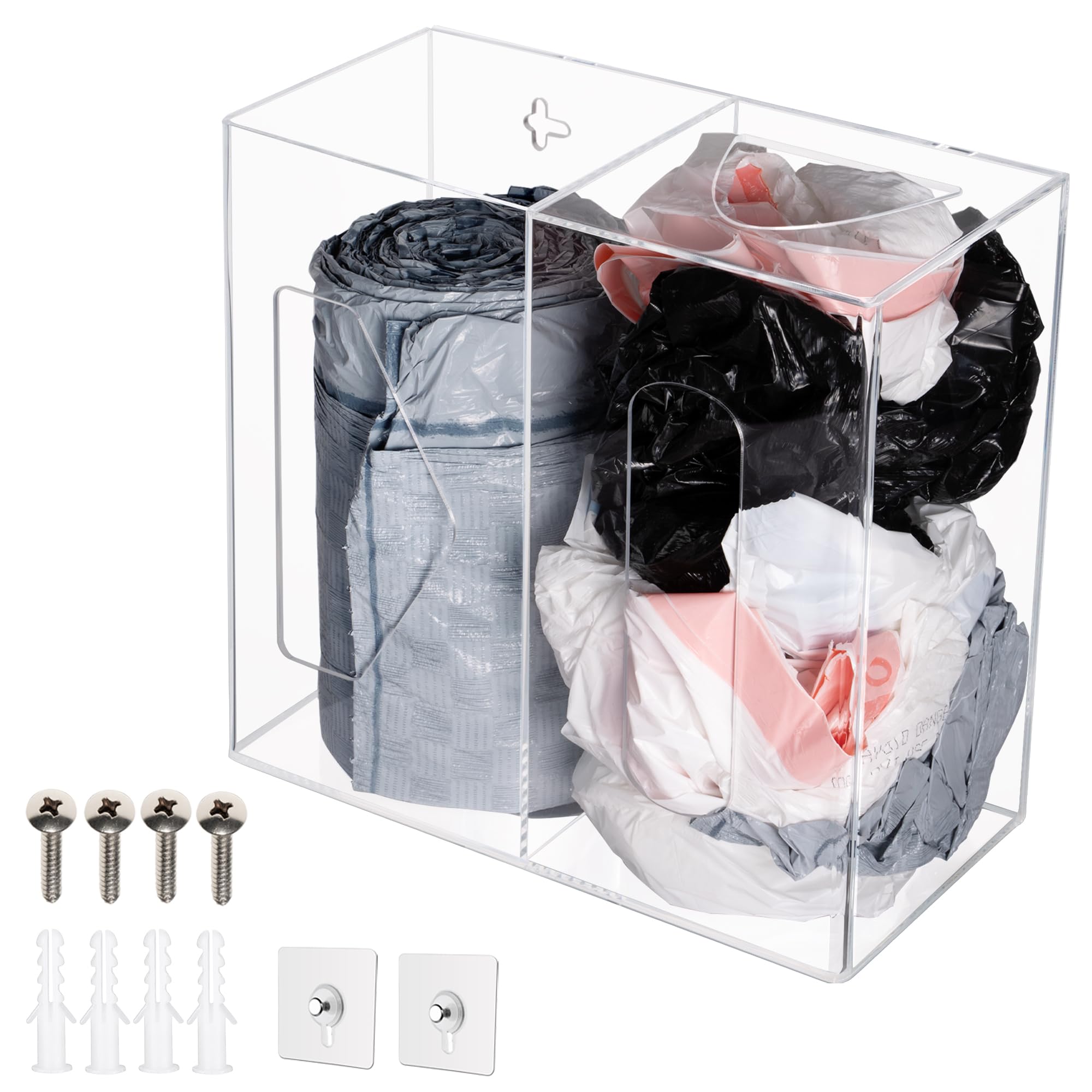 Grocery Bag Holder & Trash Bag Dispenser - 2 in 1 - Wall Mounted Plastic Bag Holders for Grocery Bags and Garbage Bags Kitchen Cabinet Grocery Bag Dispenser Organizer Under Sink, Clear-image-12