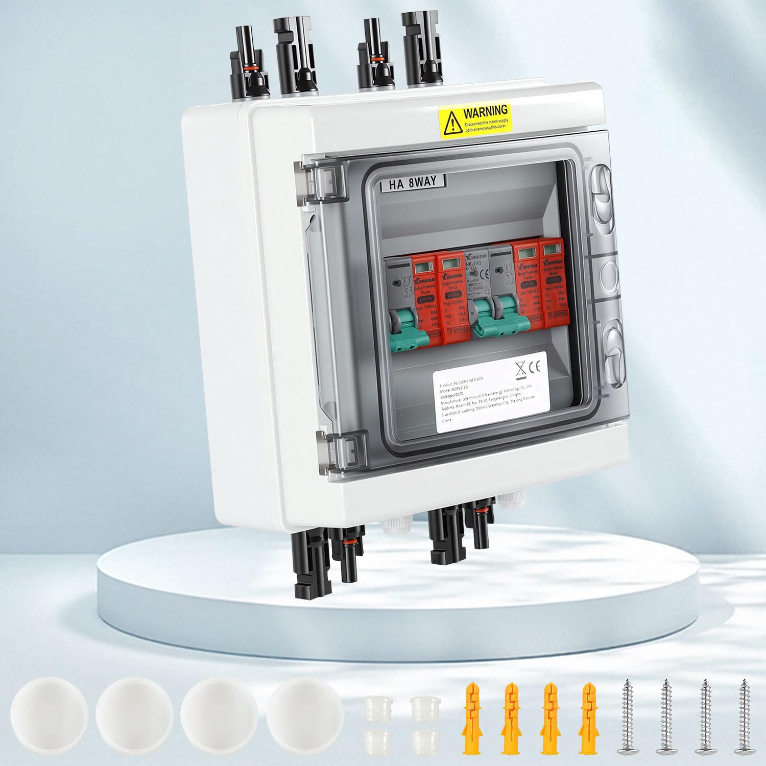 PV Combiner Box 2-String mit Überspannungsschutz und DC-Trennschalter, 1000V 32A, IP65 wetterfest, inkl. Solarstecker und Montagezubehör