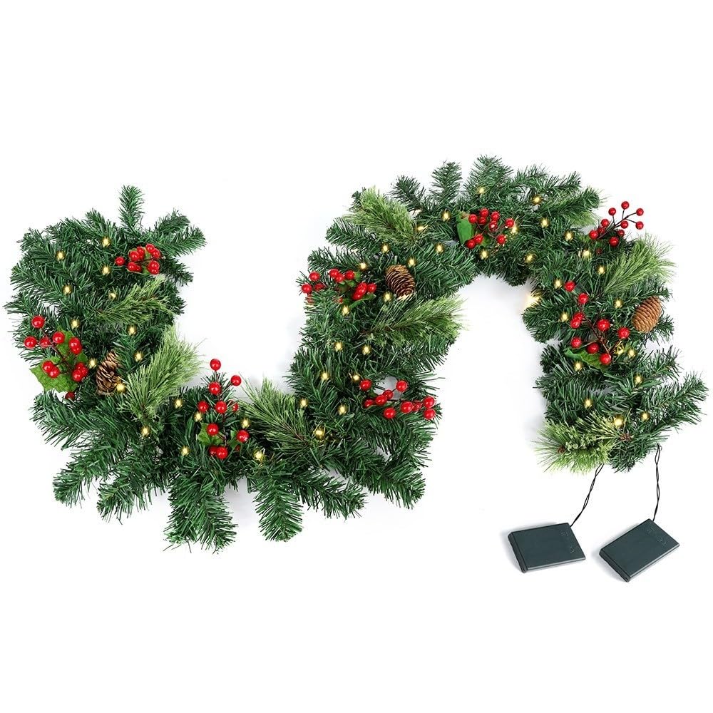 Guirlande de Noël avec pommes de pin et baies, pour cheminée, escalier, porte, fenêtre, décorations de Noël (1,8 m)