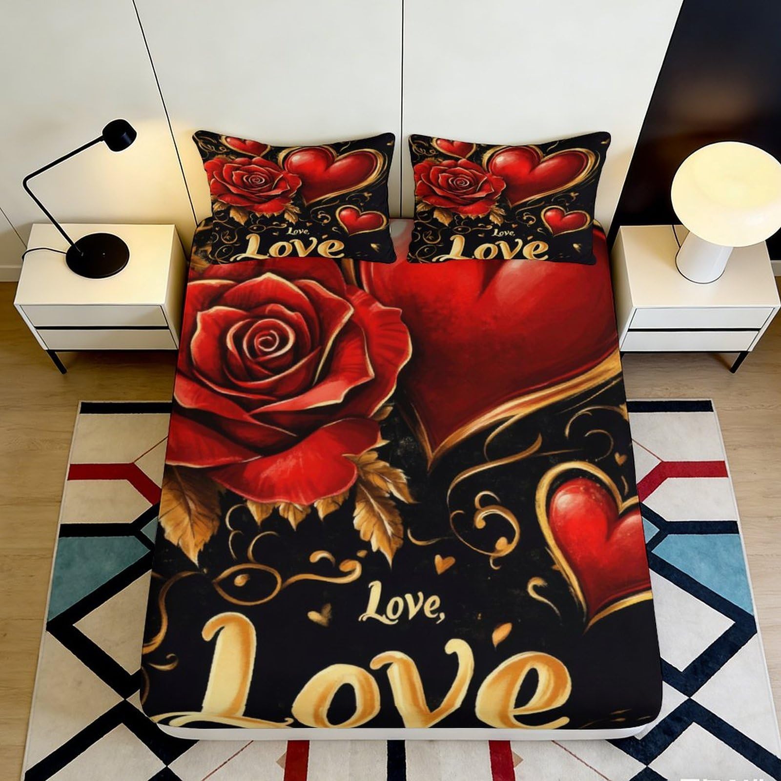 3D Printed rose Fitted Sheet, romantic heart pattern, Microfiber soft touch, wrinkle resistant, guest room bedding, easy care, stylish home decor 90x200x25cm
