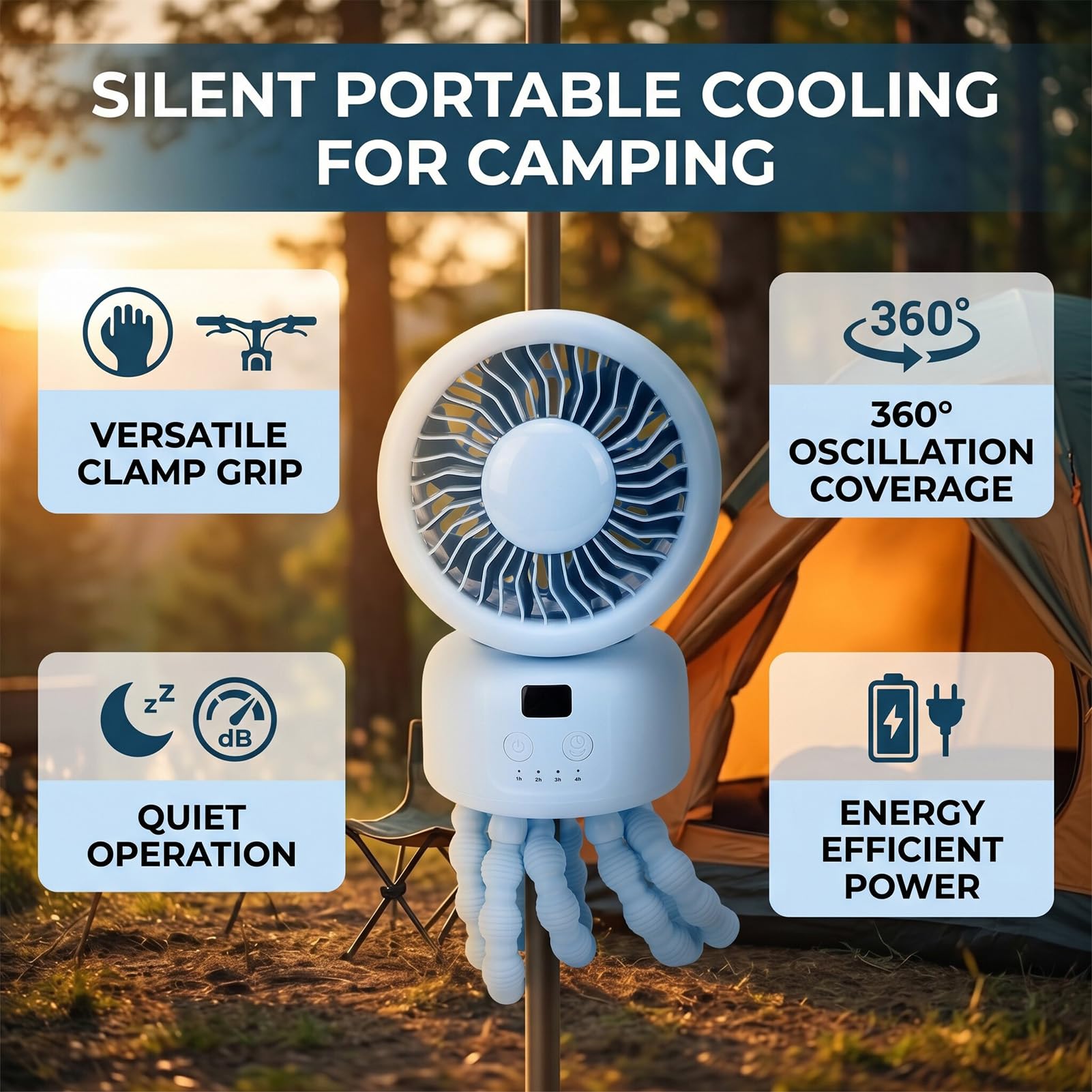 RIZGHWOY Ventilatore per Passeggino, Ventilatore da Scrivania con Clip a Forma di Polipo, Rotazione a 360 Gradi Portatile Ricaricabile con Timer per Esterno e Campeggio