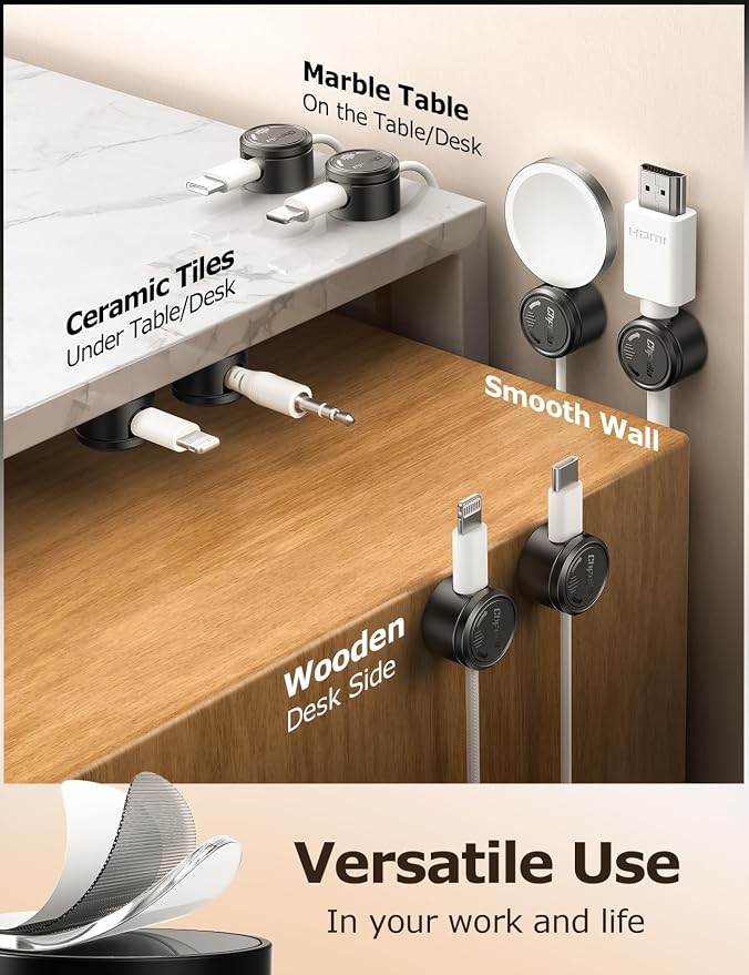 9 unidades de organizador de cables Chfeila con cierre magnético giratorio de 360°, sujetacables adhesivo para cargador de teléfono, para mesita de noche, coche o pared, accesorios de escritorio de oficina (negro) miniatura 5