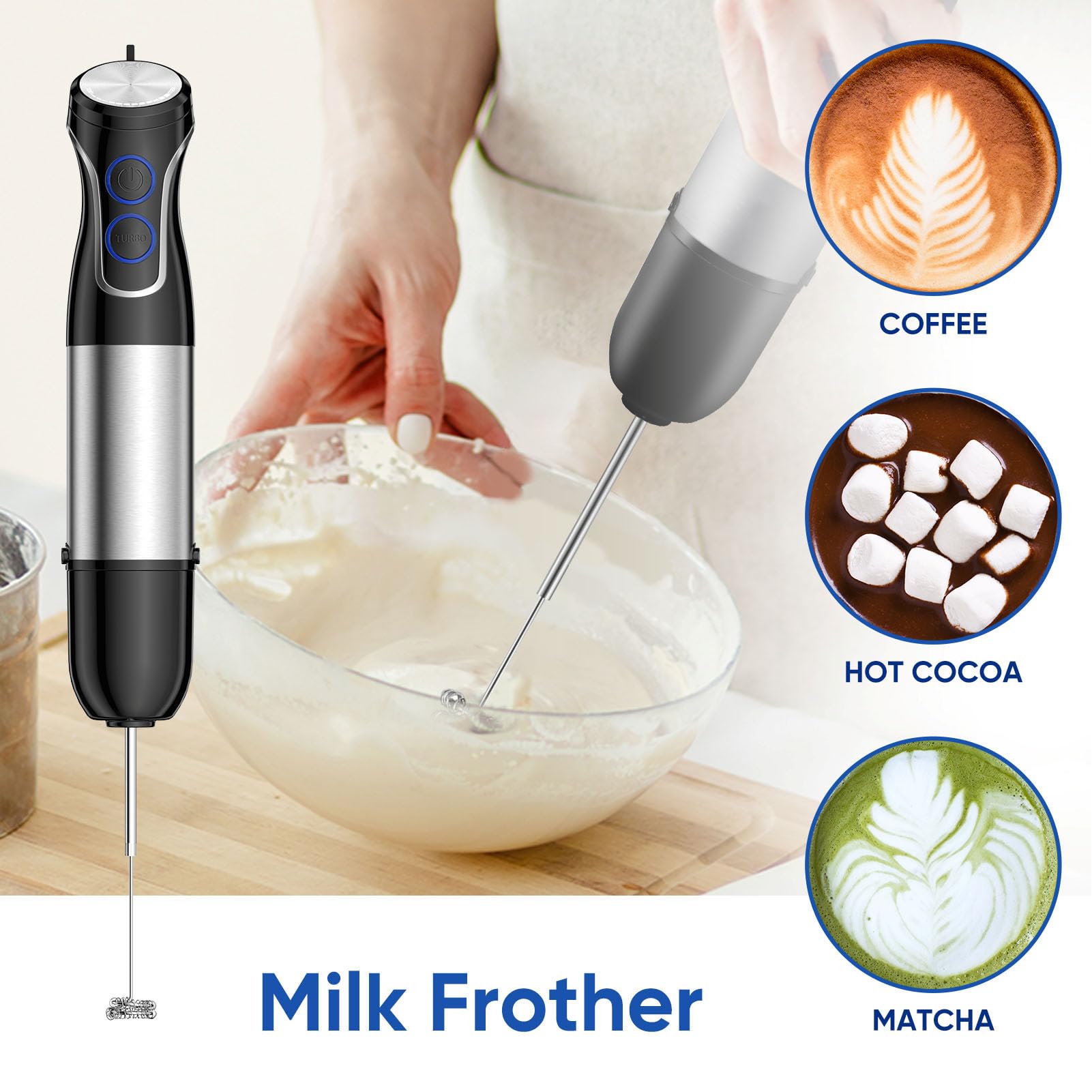 Asixxsix Blender Immersion 5 w 1, Mikser Ręczny z 800 Ml Zlewki Mieszającej, 600 Ml Helikopter, trzepaczkę i Kruszon Mleka, Bezpieczeństwo Zmywarki do Domu w Kuchni Domowej (220-240V wtyczka UE